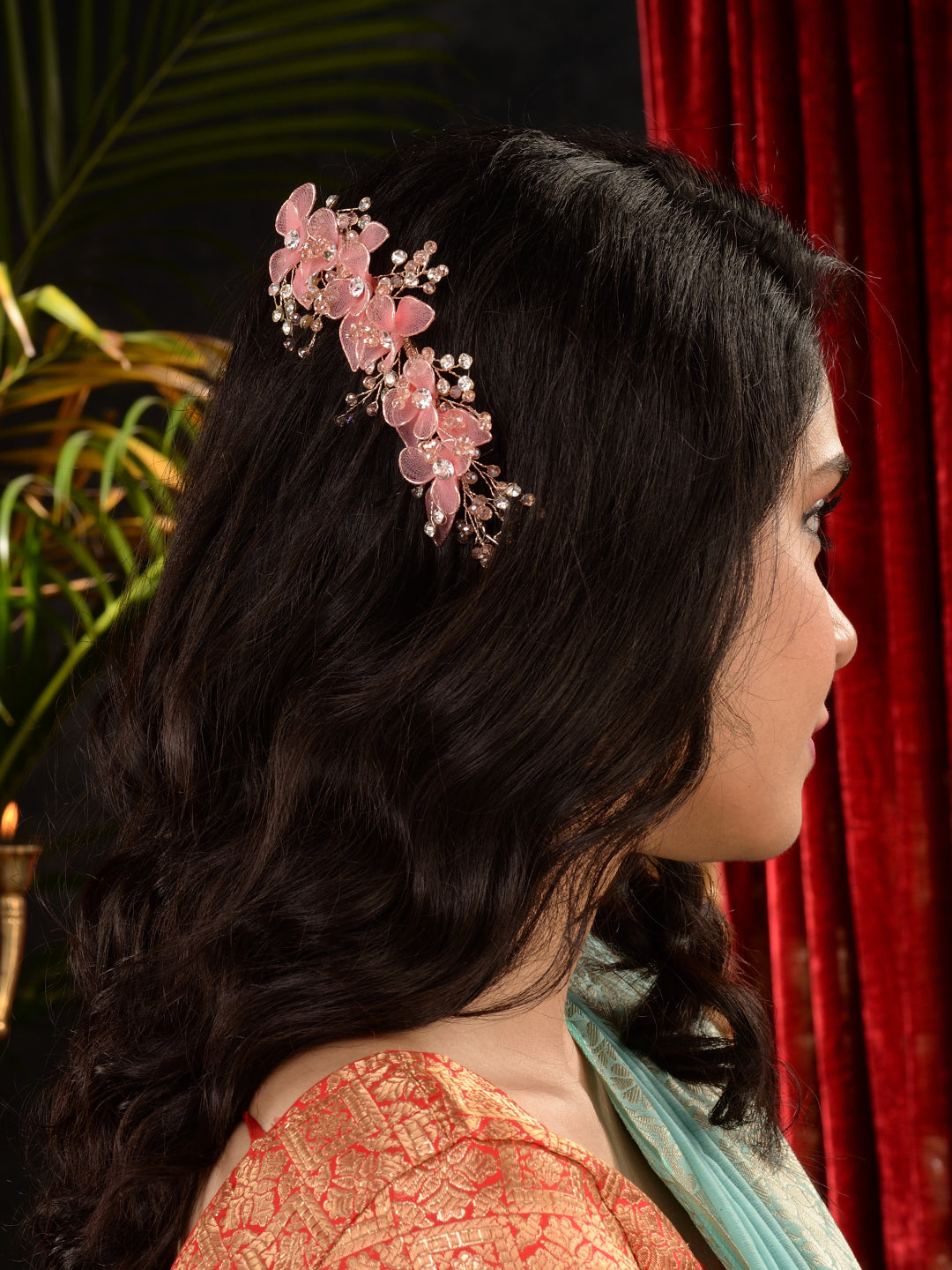 Gold Toned & Pink Stocking Flowers Beaded Tiara Hair Accessory, zaveri pearls, sale price rs, sale price, sale gold plated, sale gold, sale, rubans, ring, regular price, priyassi jewellery, k