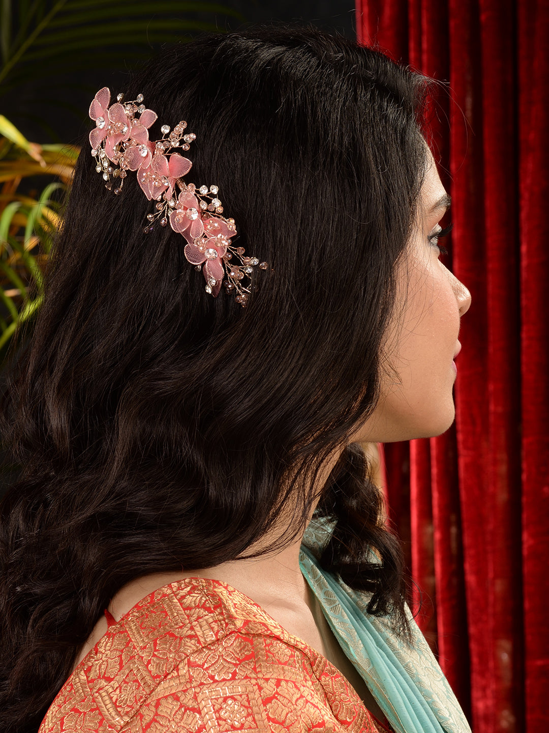 Gold Toned & Pink Stocking Flowers Beaded Tiara Hair Accessory, zaveri pearls, sale price rs, sale price, sale gold plated, sale gold, sale, rubans, ring, regular price, priyassi jewellery, k