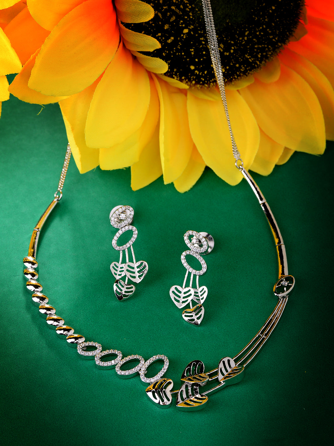 White Silver Toned AD Studded Heart Shape Necklace Jewellery Set, zaveri pearls, sale price rs, sale price, sale gold plated, sale gold, sale, rubans, ring, regular price, priyassi jewellery,