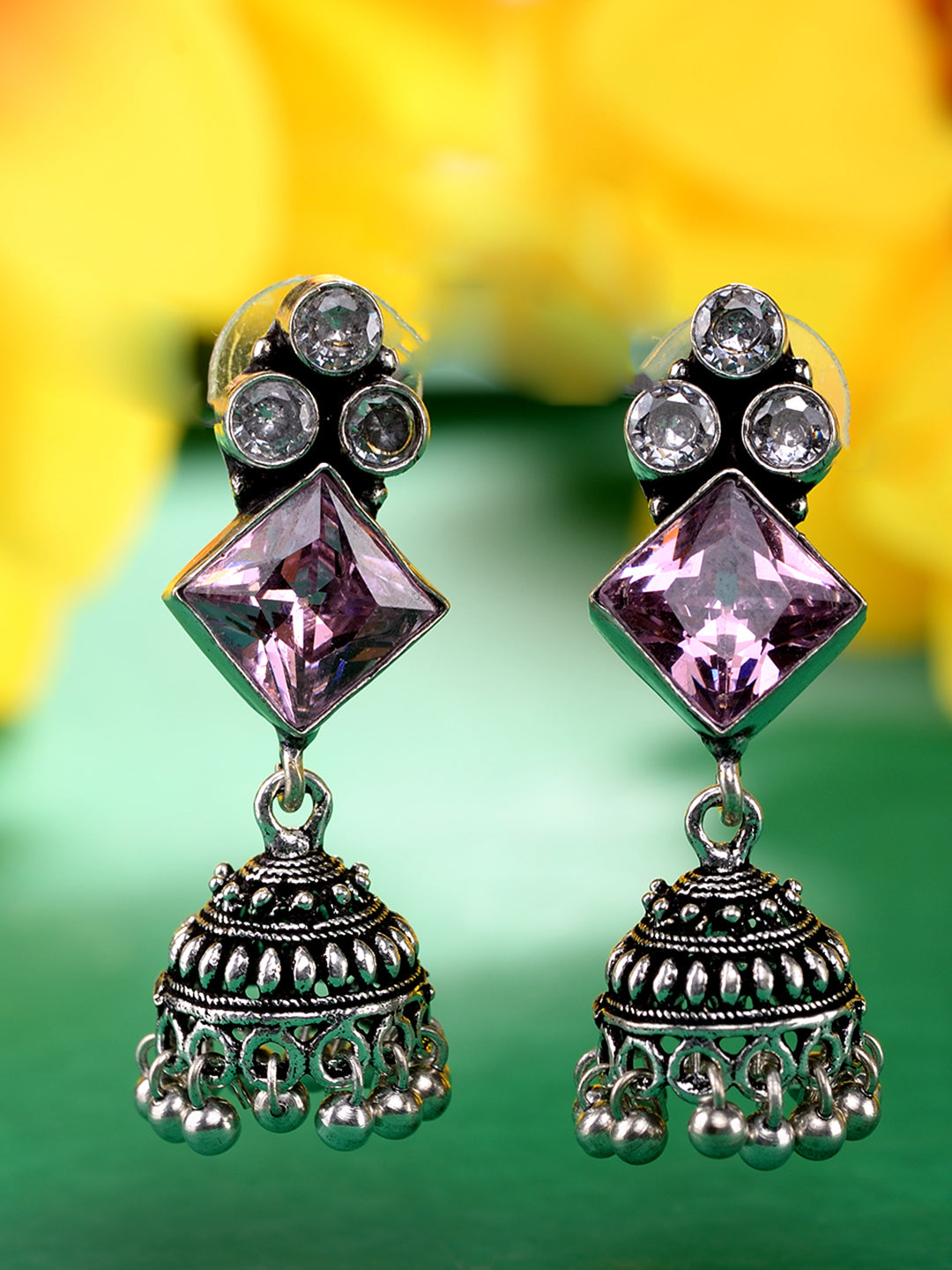 Silver Oxidised Pink Stone Jhumki Minimal Earring, zaveri pearls, sale price rs, sale price, sale gold plated, sale gold, sale, rubans, ring, regular price, priyassi jewellery, kushal's - Sar