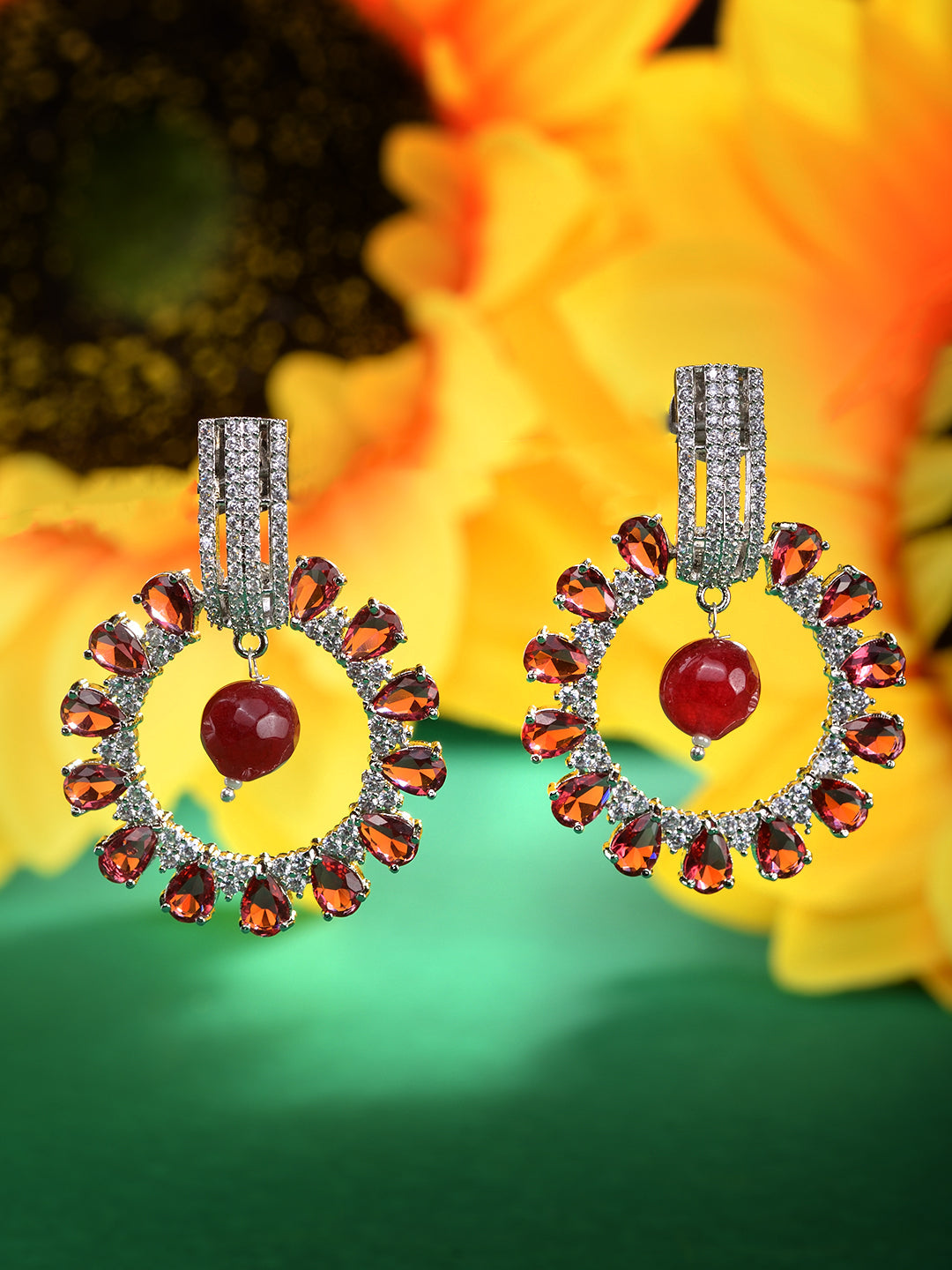 Silver Plated Red AD studded Statement Hoop Earring, zaveri pearls, sale price rs, sale price, sale gold plated, sale gold, sale, rubans, ring, regular price, priyassi jewellery, kushal's - S