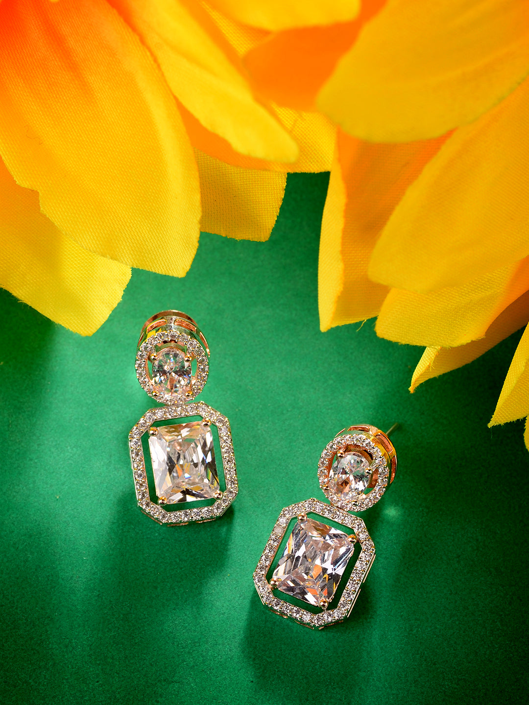 Rose Gold Plated AD Embellished Minimal Drop Earrings, zaveri pearls, sale price rs, sale price, sale gold plated, sale gold, sale, rubans, ring, regular price, priyassi jewellery, kushal's -