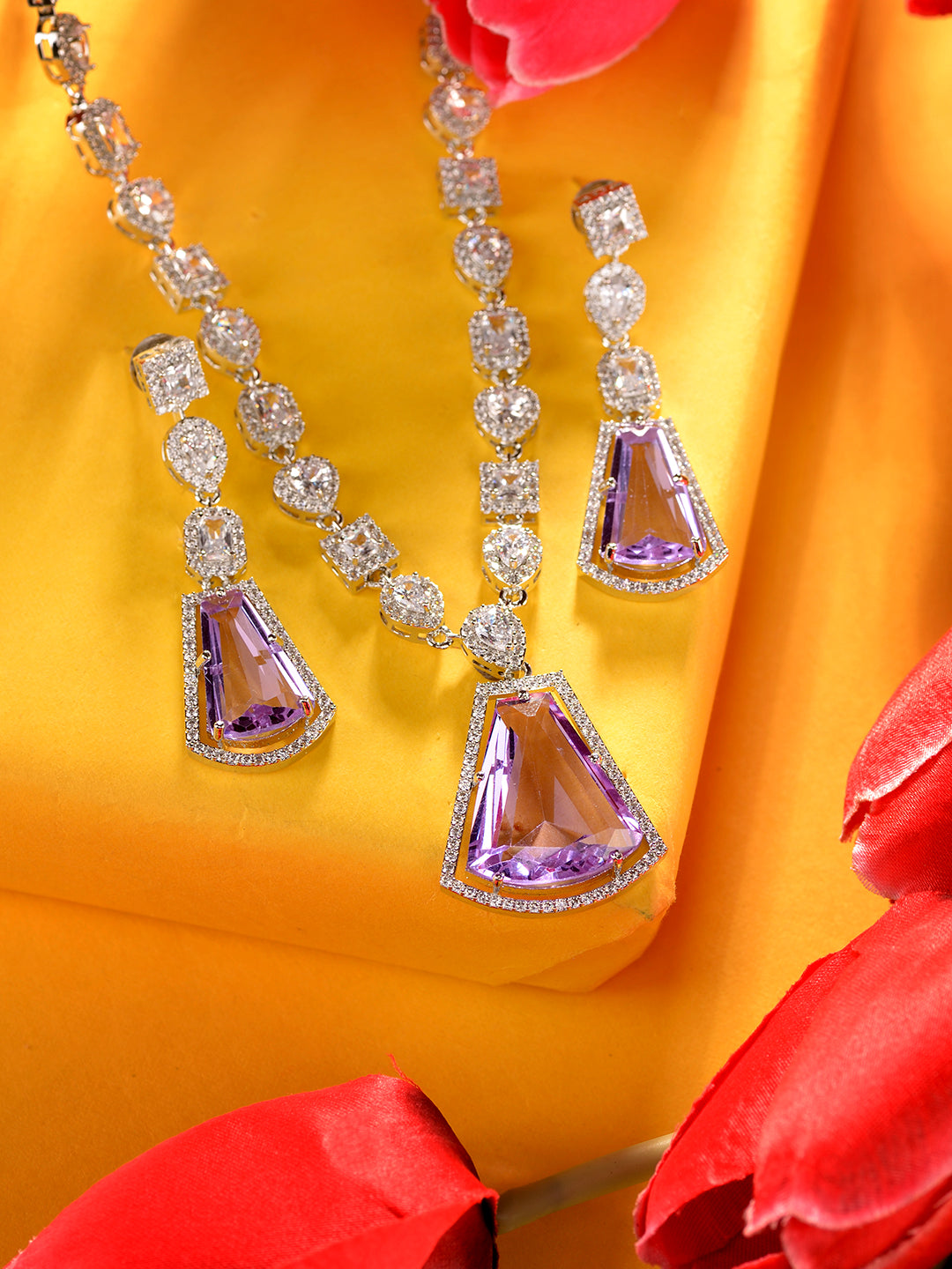 Silver Toned Lavender AD Studded Necklace Jewellery Set, zaveri pearls, sale price rs, sale price, sale gold plated, sale gold, sale, rubans, ring, regular price, priyassi jewellery, kushal's