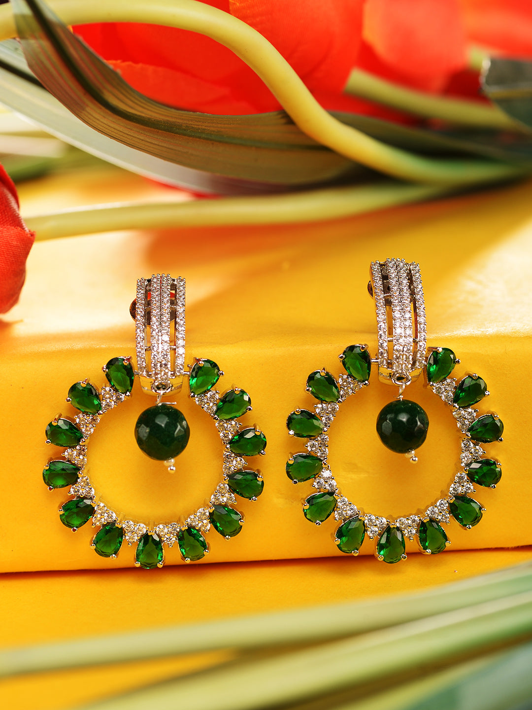 Silver Toned Green AD Luxe Hoop Earrings, zaveri pearls, sale price rs, sale price, sale gold plated, sale gold, sale, rubans, ring, regular price, priyassi jewellery, kushal's - Saraf RS Jew