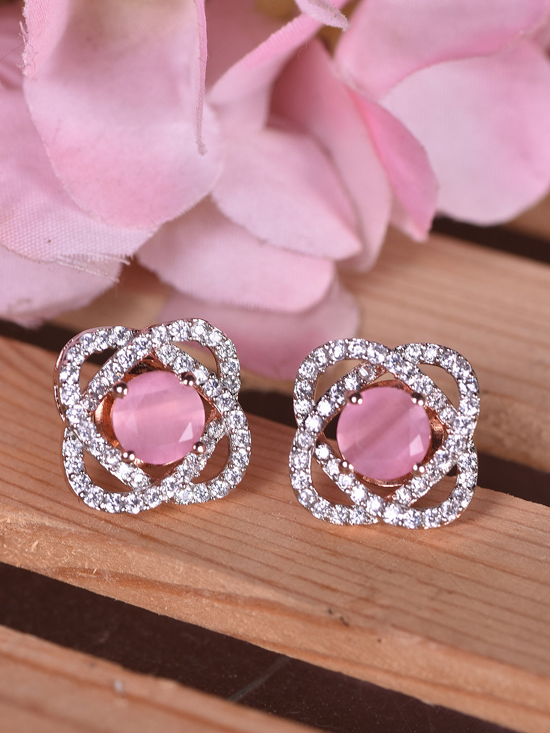 Pink Floral Rose GoldPlated Studs Earrings, zaveri pearls, sale price rs, sale price, sale gold plated, sale gold, sale, rubans, ring, regular price, priyassi jewellery, kushal's - Saraf RS J