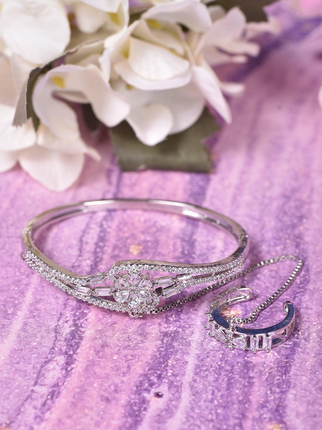 Women White & SilverToned Brass AD Handcrafted RhodiumPlated BangleStyle Bracelet, zaveri pearls, sale price rs, sale price, sale gold plated, sale gold, sale, rubans, ring, regular price, pr