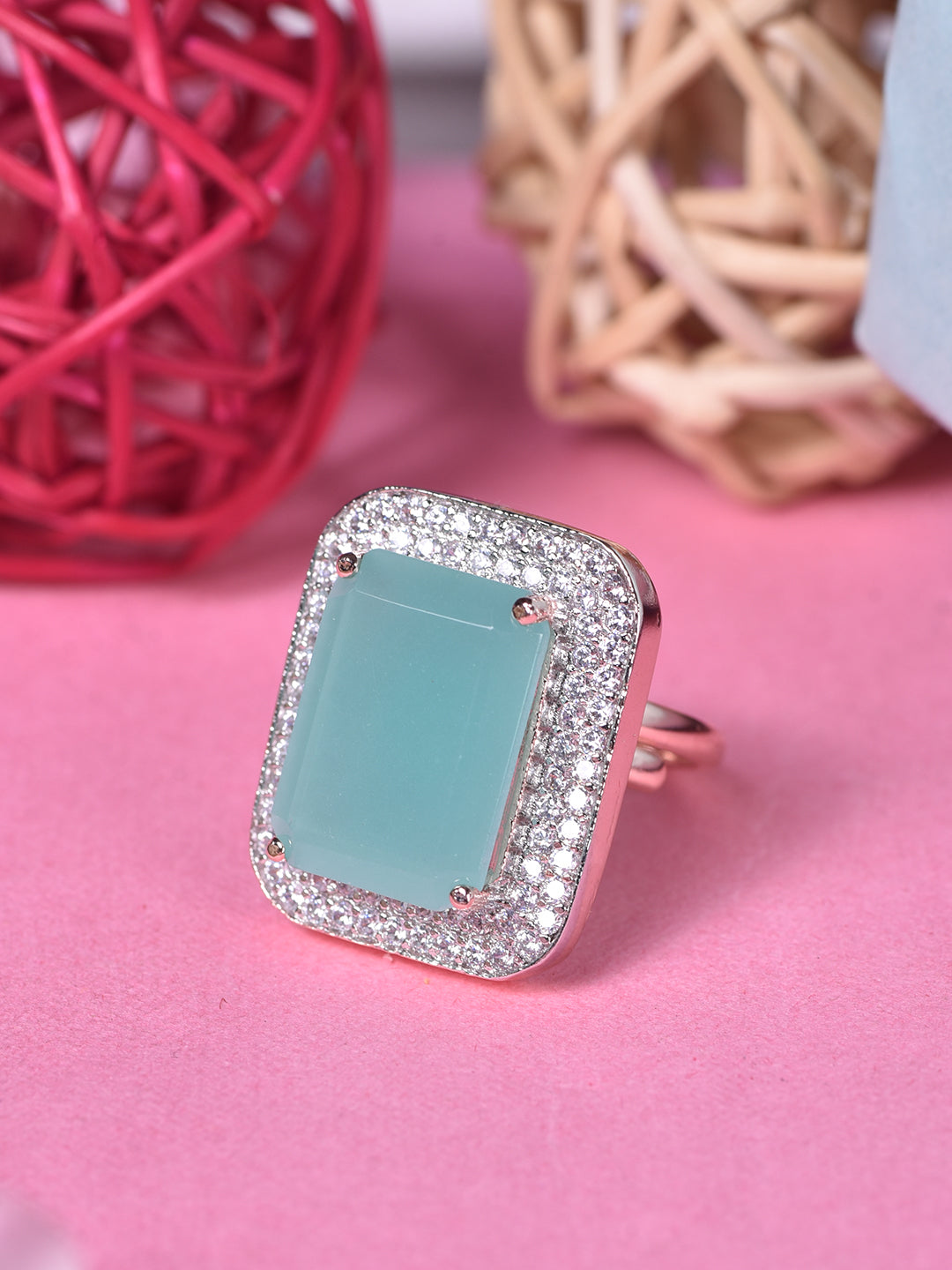 RoseGold Plated Turquoise Blue StoneStudded Adjustable Finger Ring, zaveri pearls, sale price rs, sale price, sale gold plated, sale gold, sale, rubans, ring, regular price, priyassi jeweller