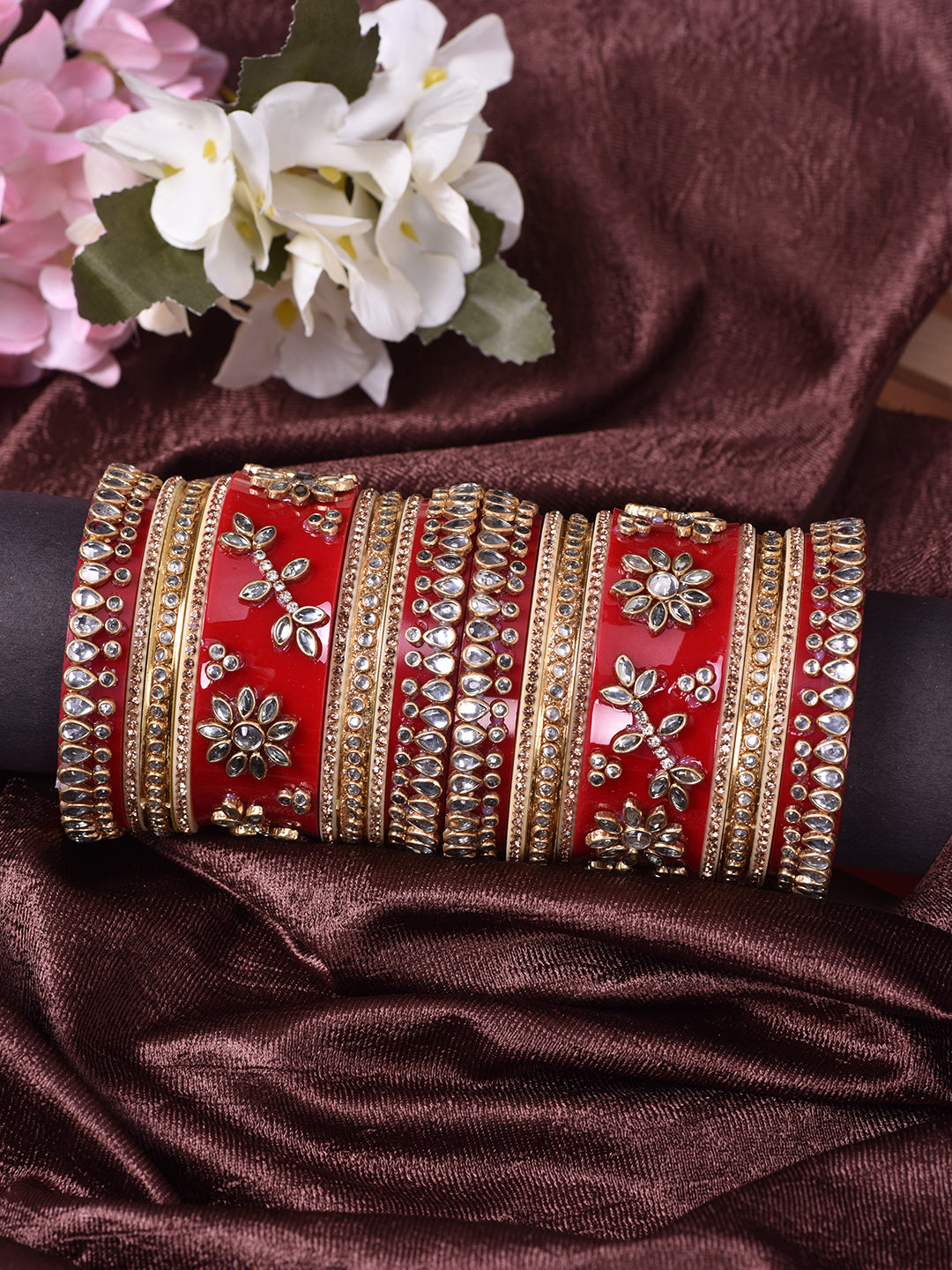 Set Of 2 GoldPlated Red & White KundanStudded Bangles, zaveri pearls, sale price rs, sale price, sale gold plated, sale gold, sale, rubans, ring, regular price, priyassi jewellery, kushal's -