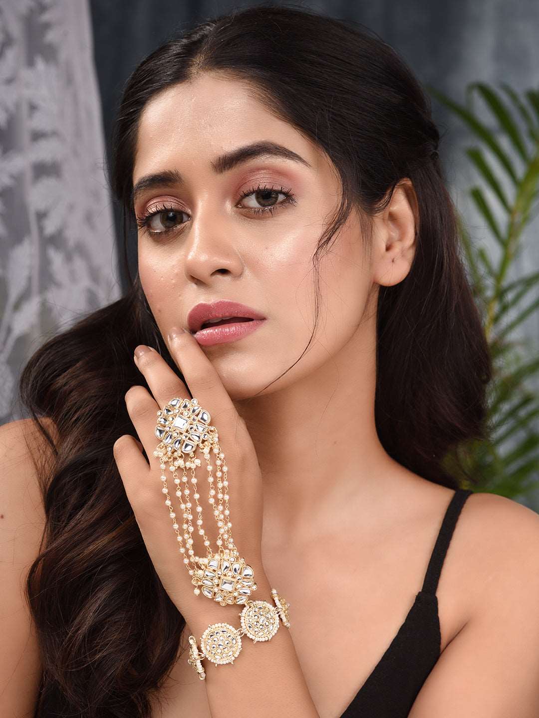 Gold Plated Kundan Studded Bracelet Hathphool, zaveri pearls, sale price rs, sale price, sale gold plated, sale gold, sale, rubans, ring, regular price, priyassi jewellery, kushal's - Saraf R