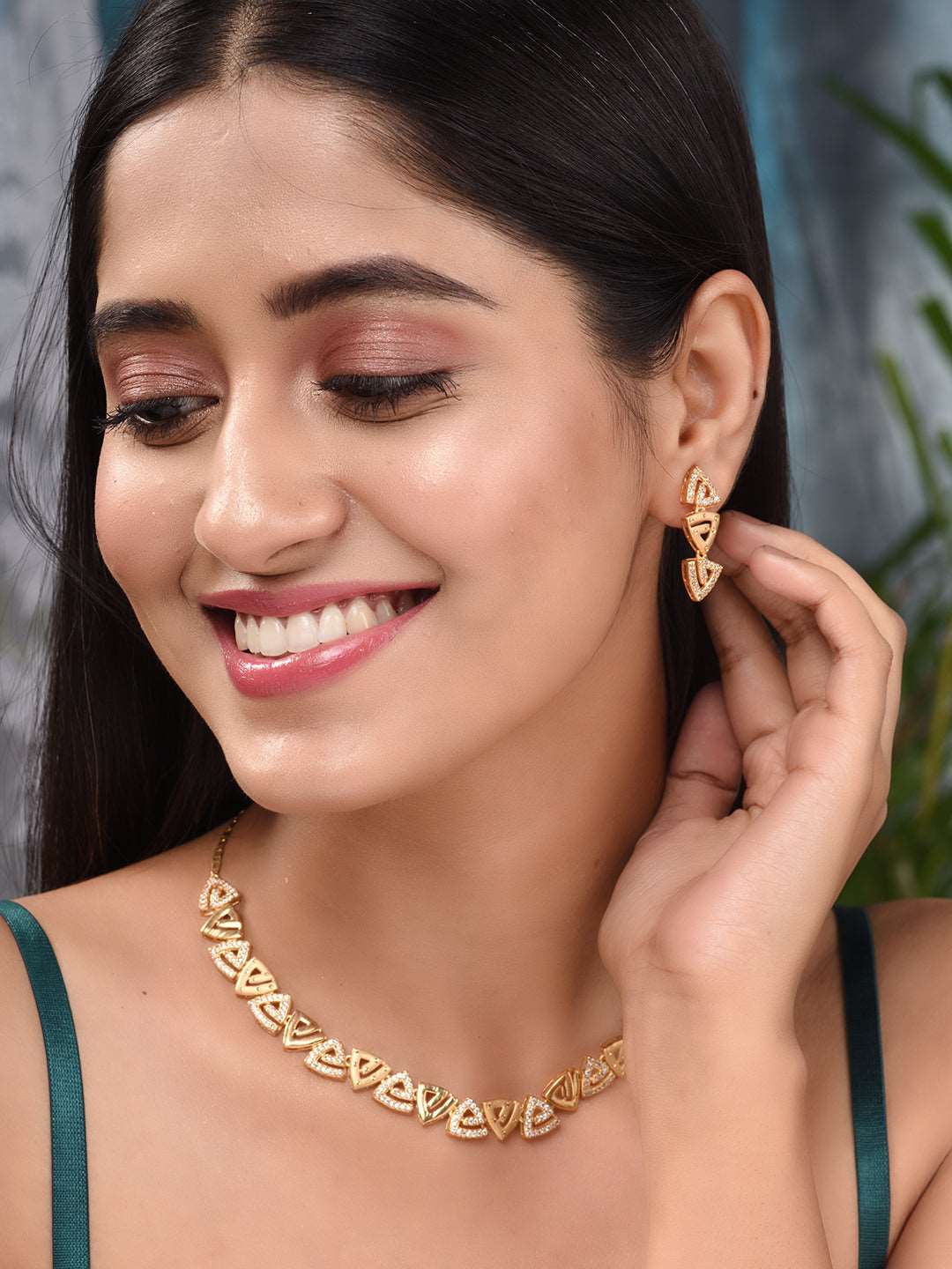 Gold Plated AD Studded Triangle shaped Handcrafted Necklace Jewellery Set, zaveri pearls, sale price rs, sale price, sale gold plated, sale gold, sale, rubans, ring, regular price, priyassi j