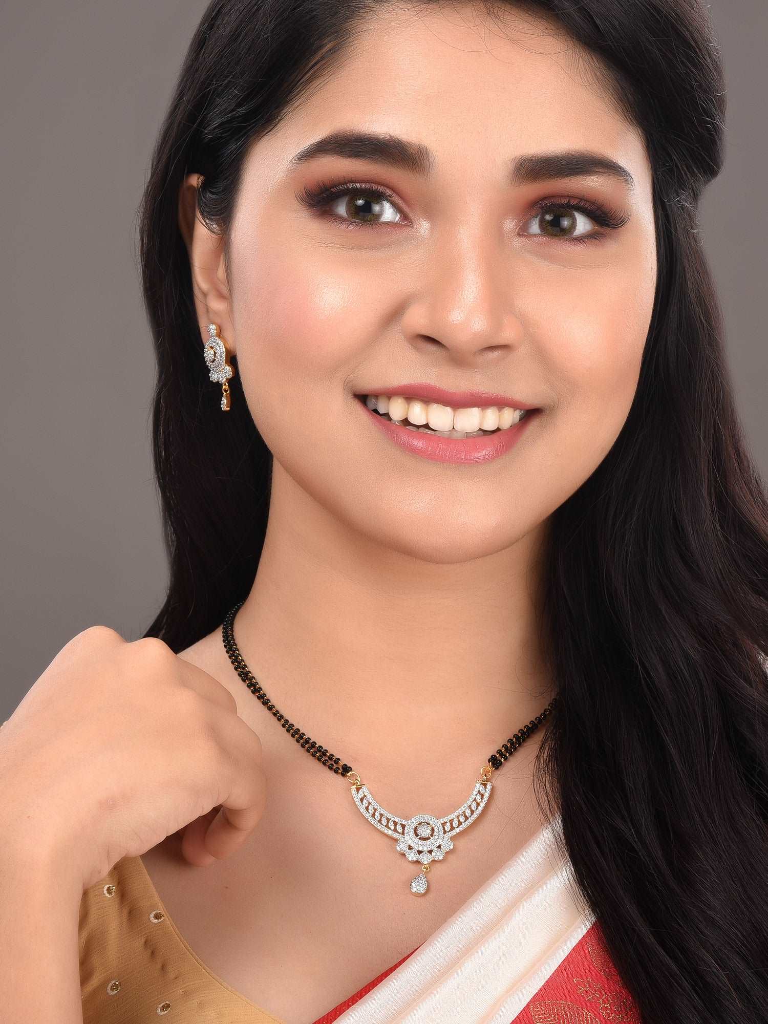 Gold Plated Black & White AD Studded & Beaded Mangalsutra Earrings, zaveri pearls, sale price rs, sale price, sale gold plated, sale gold, sale, rubans, ring, regular price, priyassi jeweller
