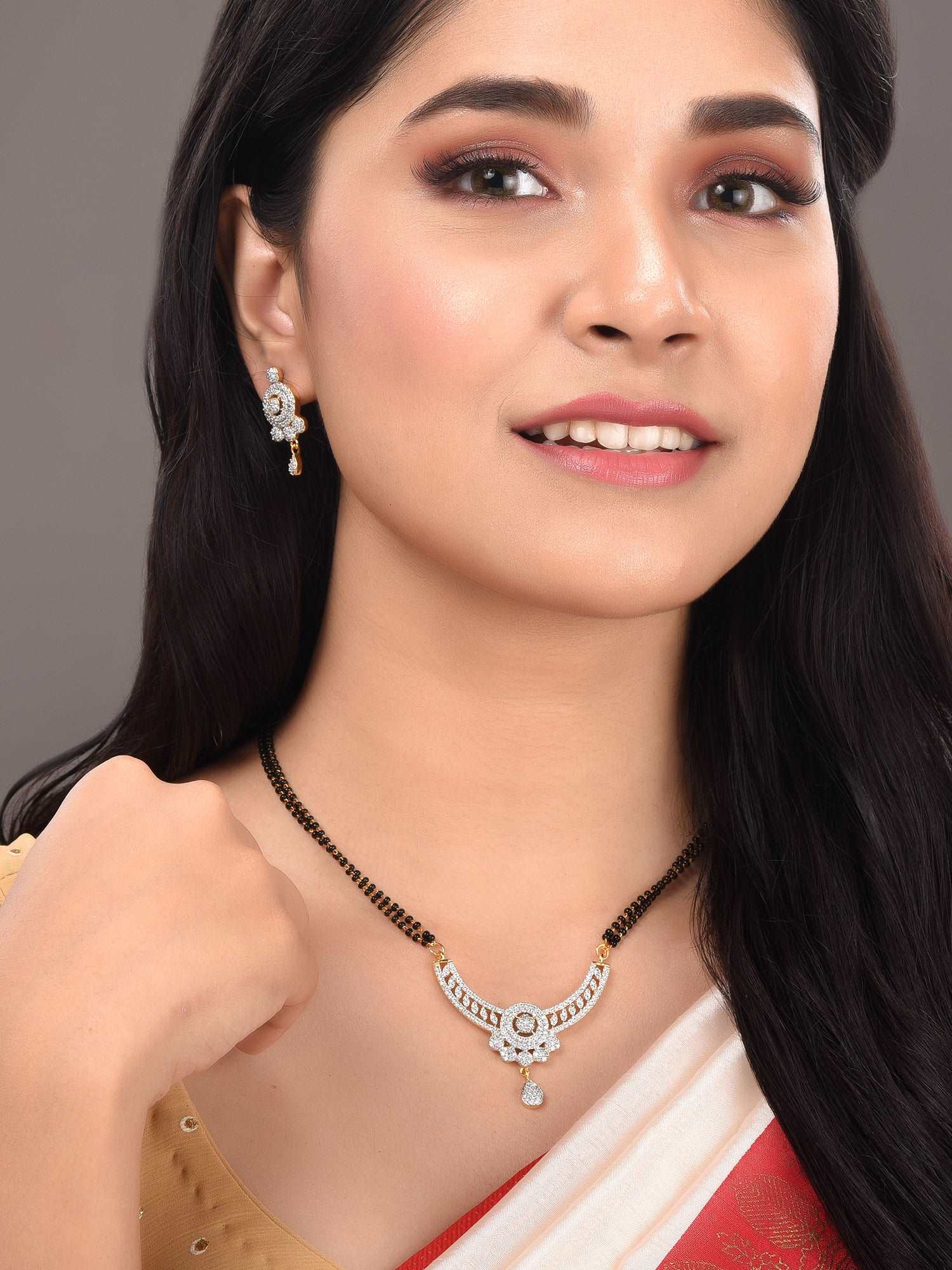 Gold Plated Black & White AD Studded & Beaded Mangalsutra Earrings, zaveri pearls, sale price rs, sale price, sale gold plated, sale gold, sale, rubans, ring, regular price, priyassi jeweller