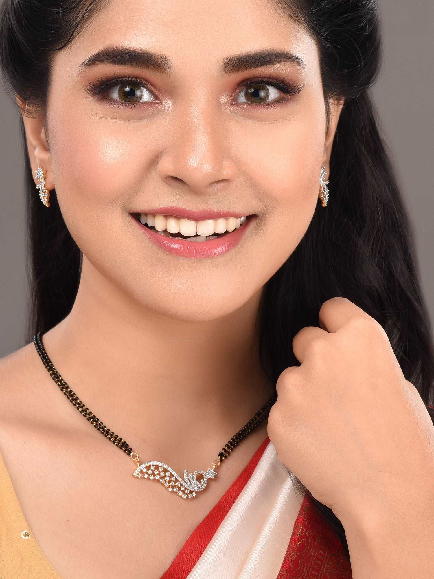 Gold Plated Black & White AD Studded & Beaded Mangalsutra Earrings, zaveri pearls, sale price rs, sale price, sale gold plated, sale gold, sale, rubans, ring, regular price, priyassi jeweller
