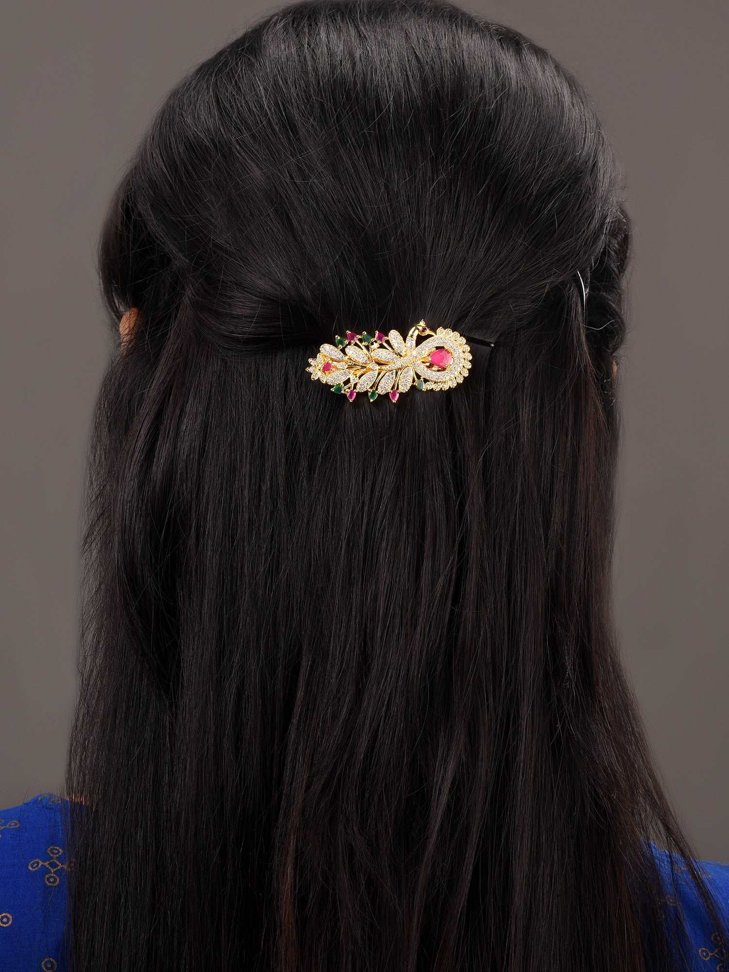 Gold Plated Peacock French Barrette Hair Claw Clip, zaveri pearls, sale price rs, sale price, sale gold plated, sale gold, sale, rubans, ring, regular price, priyassi jewellery, kushal's - Sa