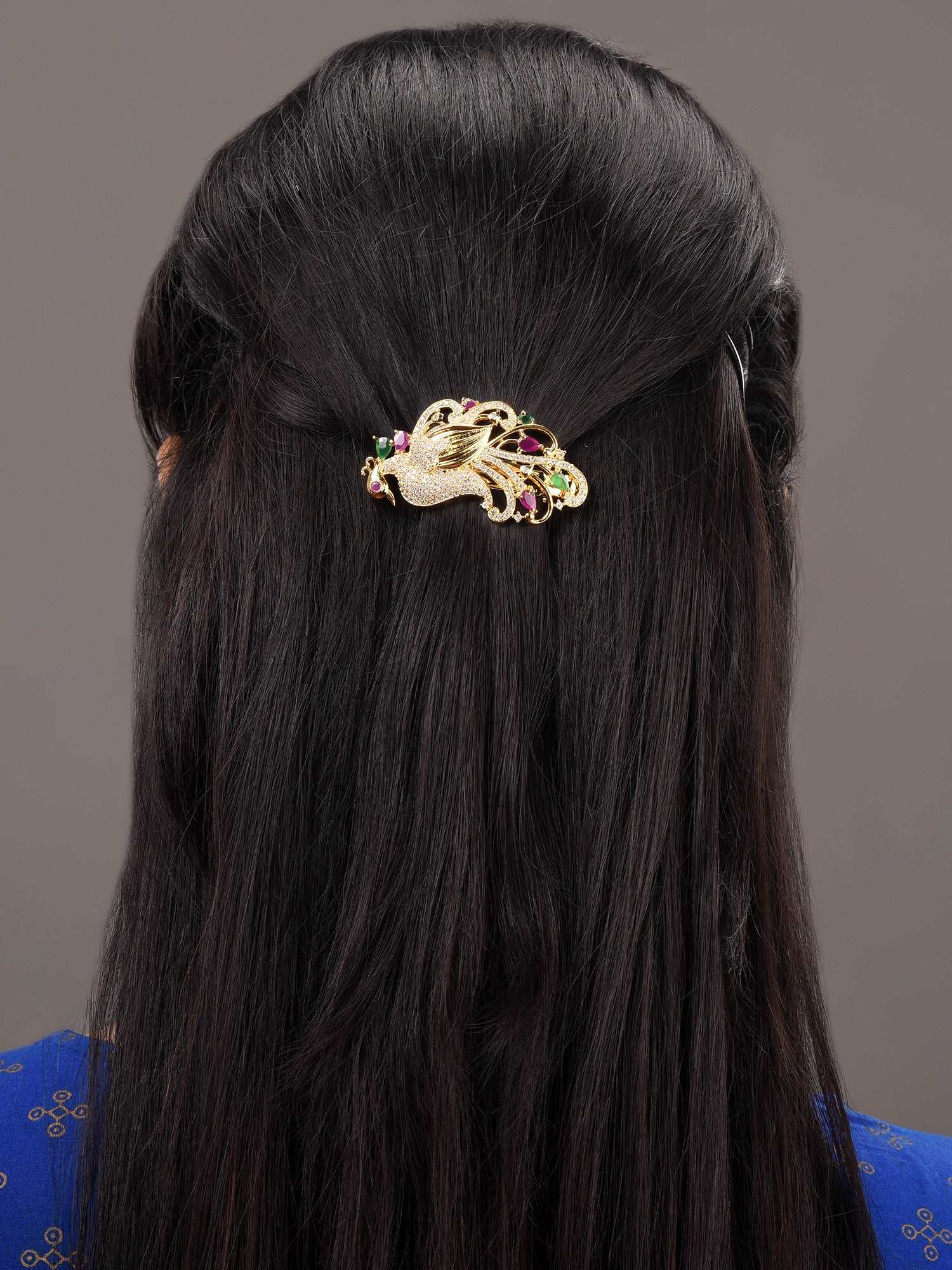 Gold Plated Red & Green Peacock Hair Claw Clip, zaveri pearls, sale price rs, sale price, sale gold plated, sale gold, sale, rubans, ring, regular price, priyassi jewellery, kushal's - Saraf 