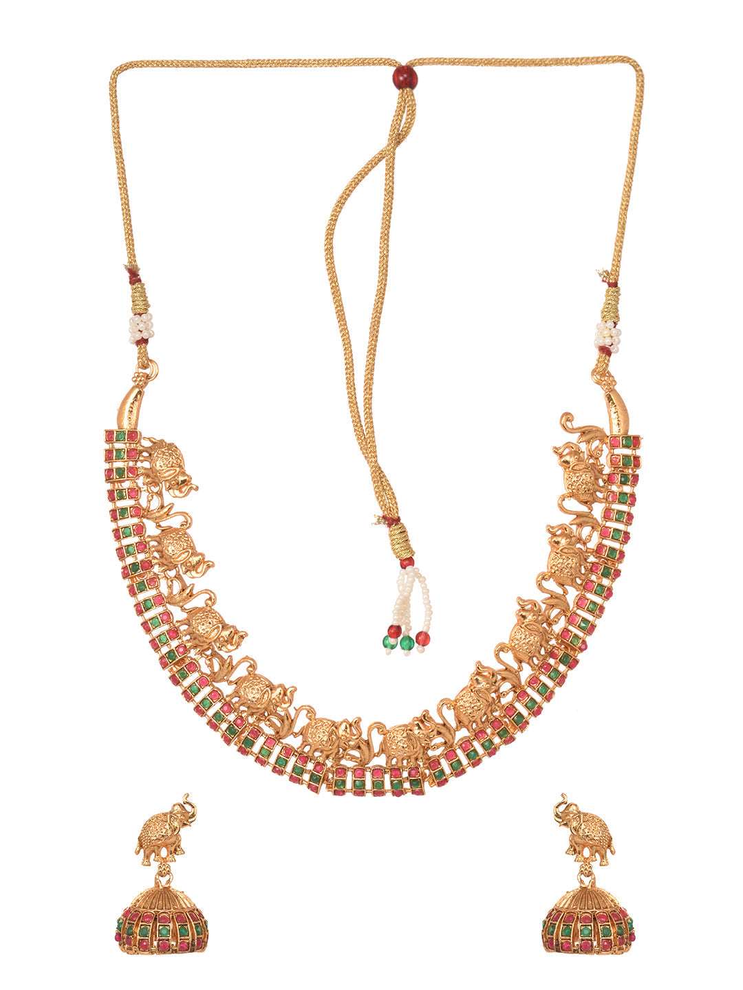 Gold Plated Kemp stone studded Pearl Beaded elephant motif Temple Jewellery Set, zaveri pearls, sale price rs, sale price, sale gold plated, sale gold, sale, rubans, ring, regular price, priy