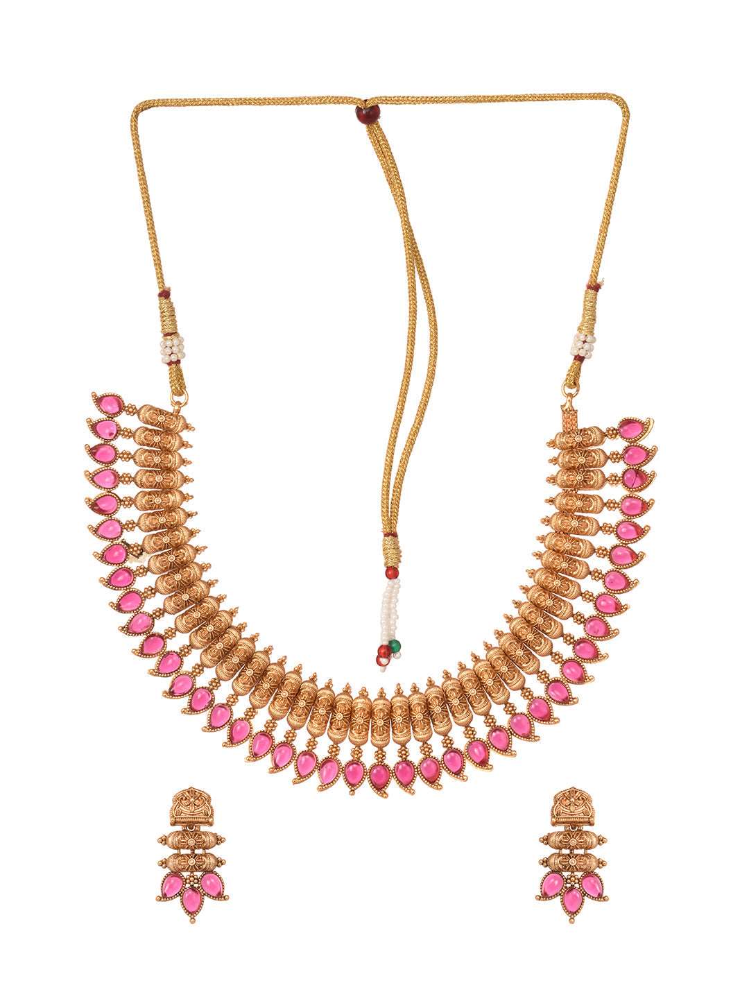 Gold Plated Red stone studded Handcrafted Leaf design Temple Jewellery Set, zaveri pearls, sale price rs, sale price, sale gold plated, sale gold, sale, rubans, ring, regular price, priyassi 