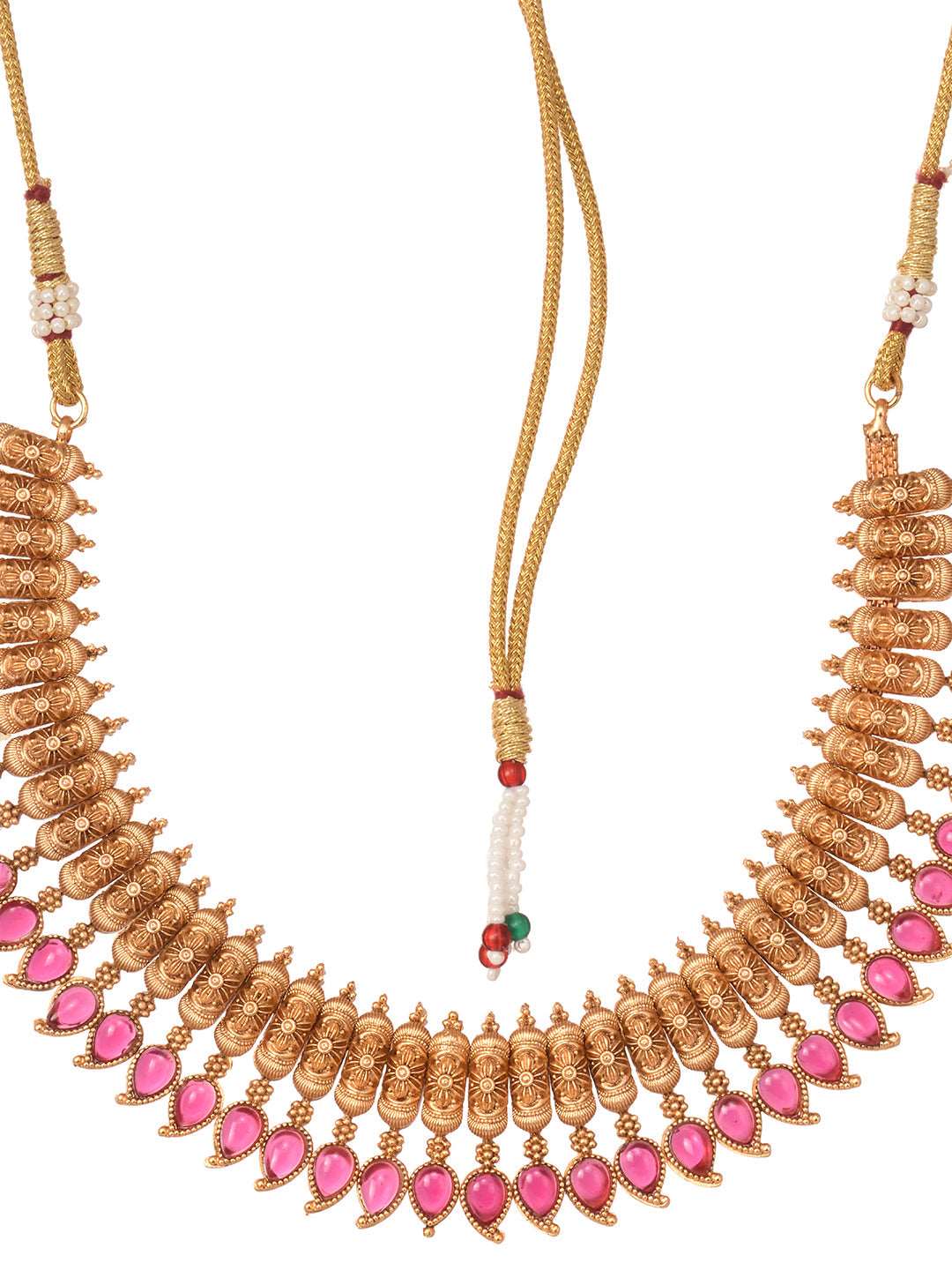 Gold Plated Red stone studded Handcrafted Leaf design Temple Jewellery Set, zaveri pearls, sale price rs, sale price, sale gold plated, sale gold, sale, rubans, ring, regular price, priyassi 