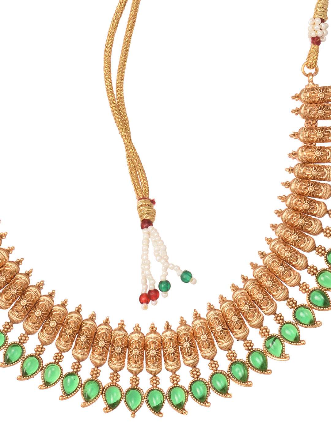 Gold Plated Green stone studded Handcrafted Leaf design Temple Jewellery Set, zaveri pearls, sale price rs, sale price, sale gold plated, sale gold, sale, rubans, ring, regular price, priyass