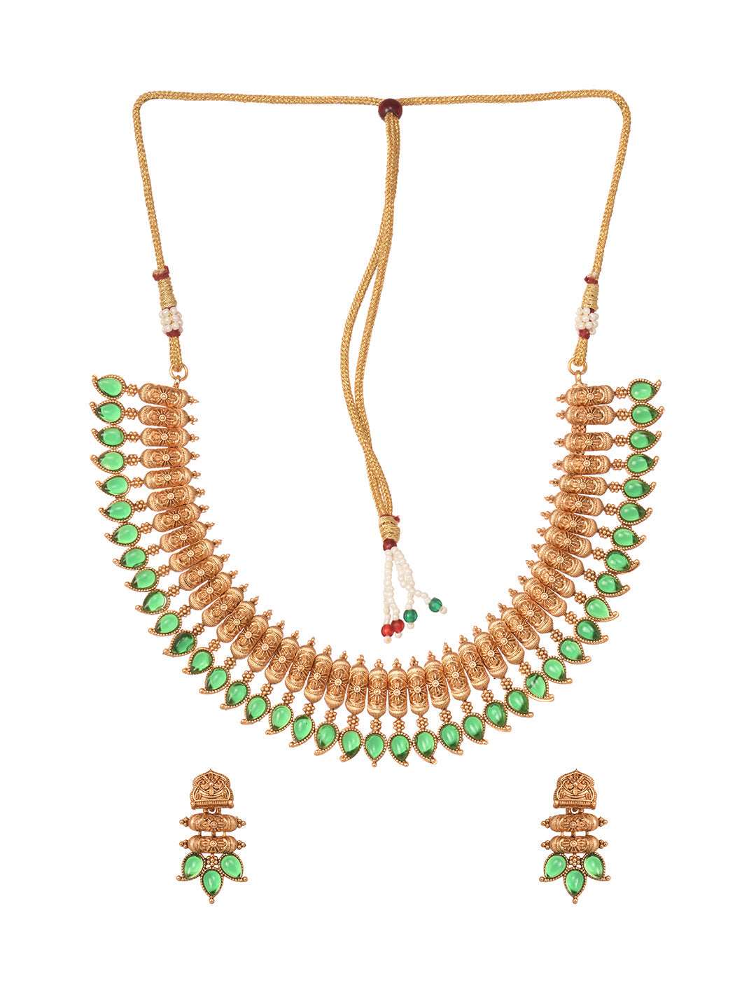 Gold Plated Green stone studded Handcrafted Leaf design Temple Jewellery Set, zaveri pearls, sale price rs, sale price, sale gold plated, sale gold, sale, rubans, ring, regular price, priyass