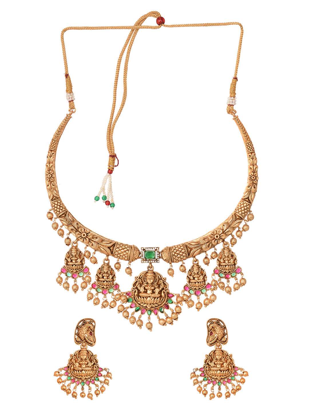 Gold Plated Multi stone studded Pearl beaded Handcrafted Temple Jewellerey Set, zaveri pearls, sale price rs, sale price, sale gold plated, sale gold, sale, rubans, ring, regular price, priya