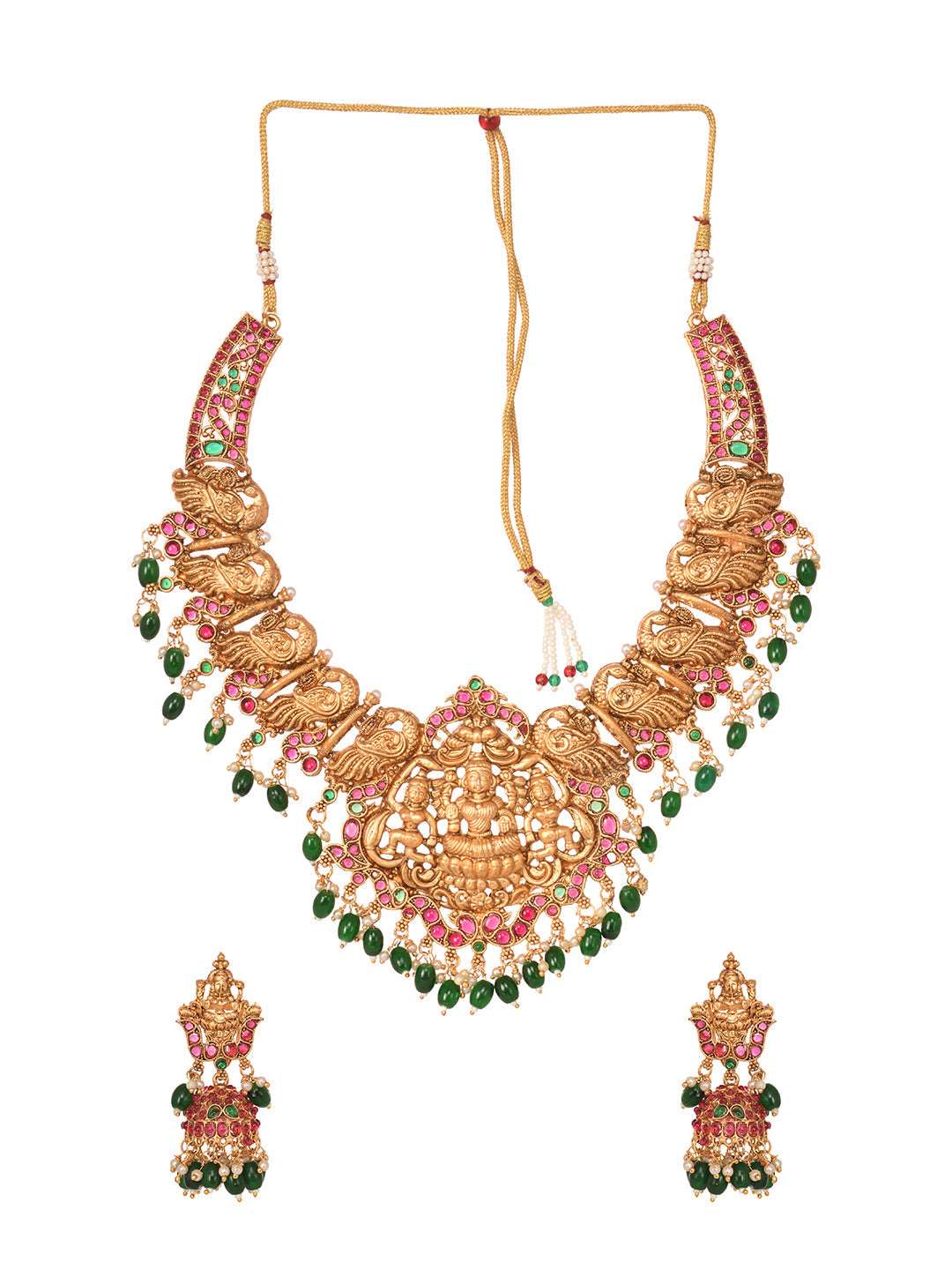 Gold Plated Kemp stone studded Temple design Necklace Green beads Jewellery set, zaveri pearls, sale price rs, sale price, sale gold plated, sale gold, sale, rubans, ring, regular price, priy