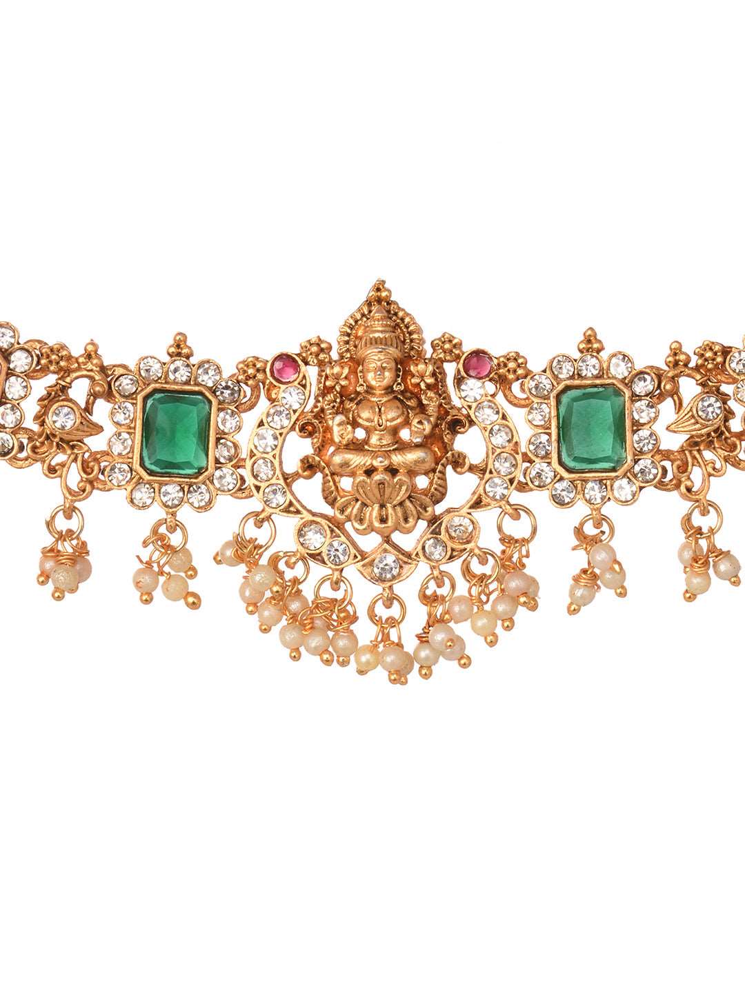 Gold Plated Green & Red stone studded Handcrafted Exquisite Design Lakshmi ji Temple Jewellery Set, zaveri pearls, sale price rs, sale price, sale gold plated, sale gold, sale, rubans, ring, 