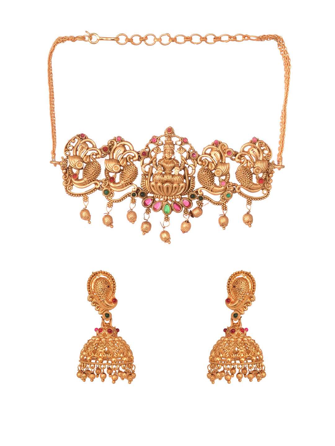 Gold Plated Multi stone studded Handcrafted Exquisite Temple Lakshmi ji & Peacock Design Jewellery Set, zaveri pearls, sale price rs, sale price, sale gold plated, sale gold, sale, rubans, ri