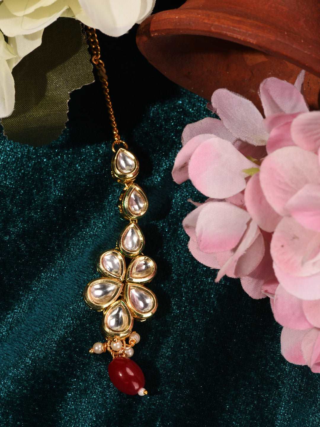 Gold Plated Kundan Studded Red Handcrafted Delicate Mangtika, zaveri pearls, sale price rs, sale price, sale gold plated, sale gold, sale, rubans, ring, regular price, priyassi jewellery, kus