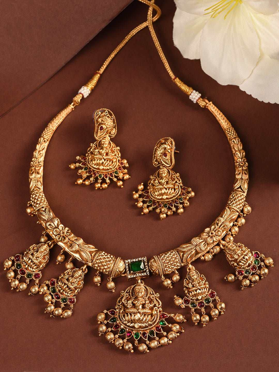 Gold Plated Multi stone studded Pearl beaded Handcrafted Temple Jewellerey Set, zaveri pearls, sale price rs, sale price, sale gold plated, sale gold, sale, rubans, ring, regular price, priya