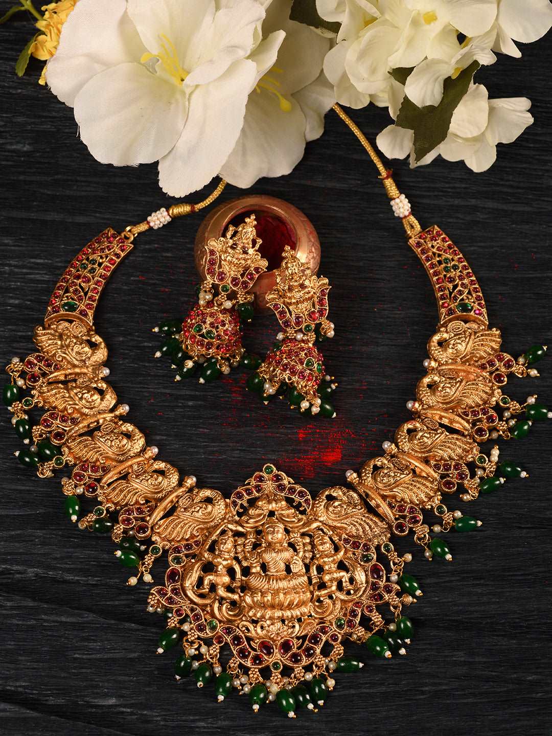 Gold Plated Kemp stone studded Temple design Necklace Green beads Jewellery set, zaveri pearls, sale price rs, sale price, sale gold plated, sale gold, sale, rubans, ring, regular price, priy