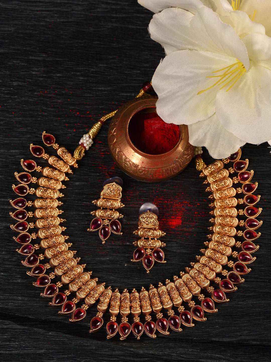 Gold Plated Red stone studded Handcrafted Leaf design Temple Jewellery Set, zaveri pearls, sale price rs, sale price, sale gold plated, sale gold, sale, rubans, ring, regular price, priyassi 