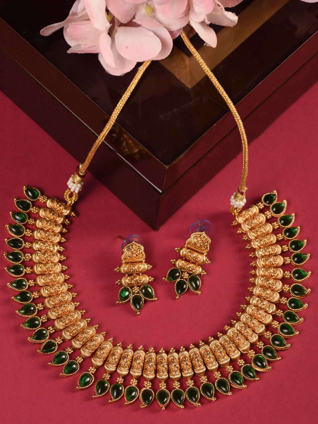 Gold Plated Green stone studded Handcrafted Leaf design Temple Jewellery Set, zaveri pearls, sale price rs, sale price, sale gold plated, sale gold, sale, rubans, ring, regular price, priyass