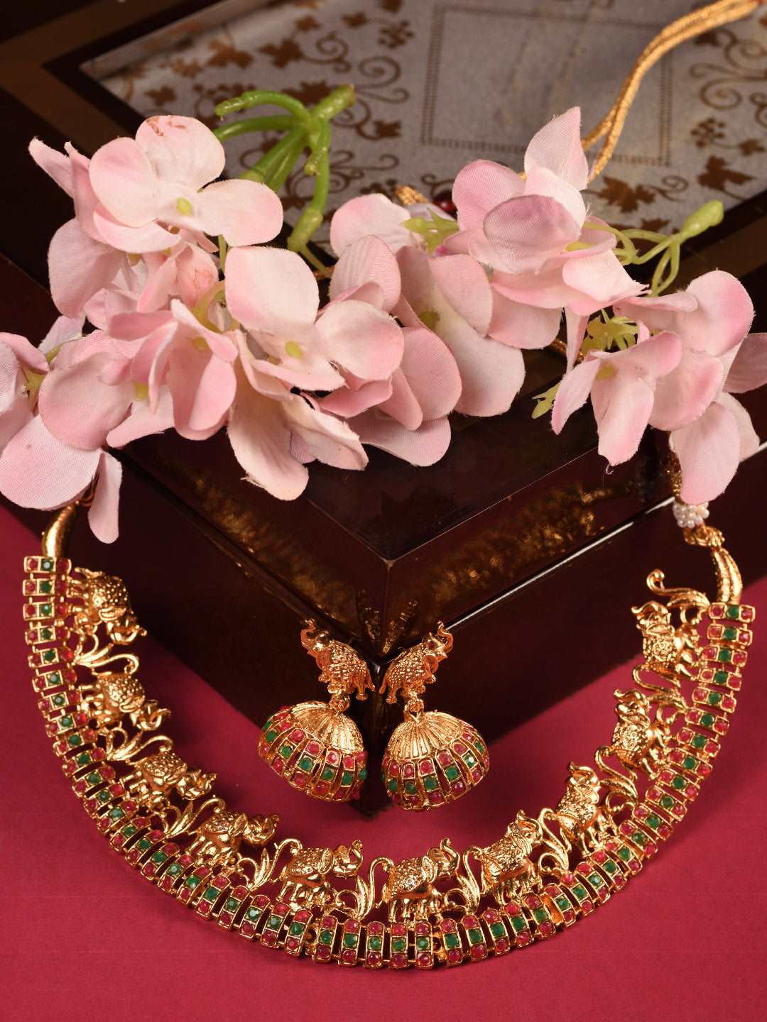 Gold Plated Kemp stone studded Pearl Beaded elephant motif Temple Jewellery Set, zaveri pearls, sale price rs, sale price, sale gold plated, sale gold, sale, rubans, ring, regular price, priy