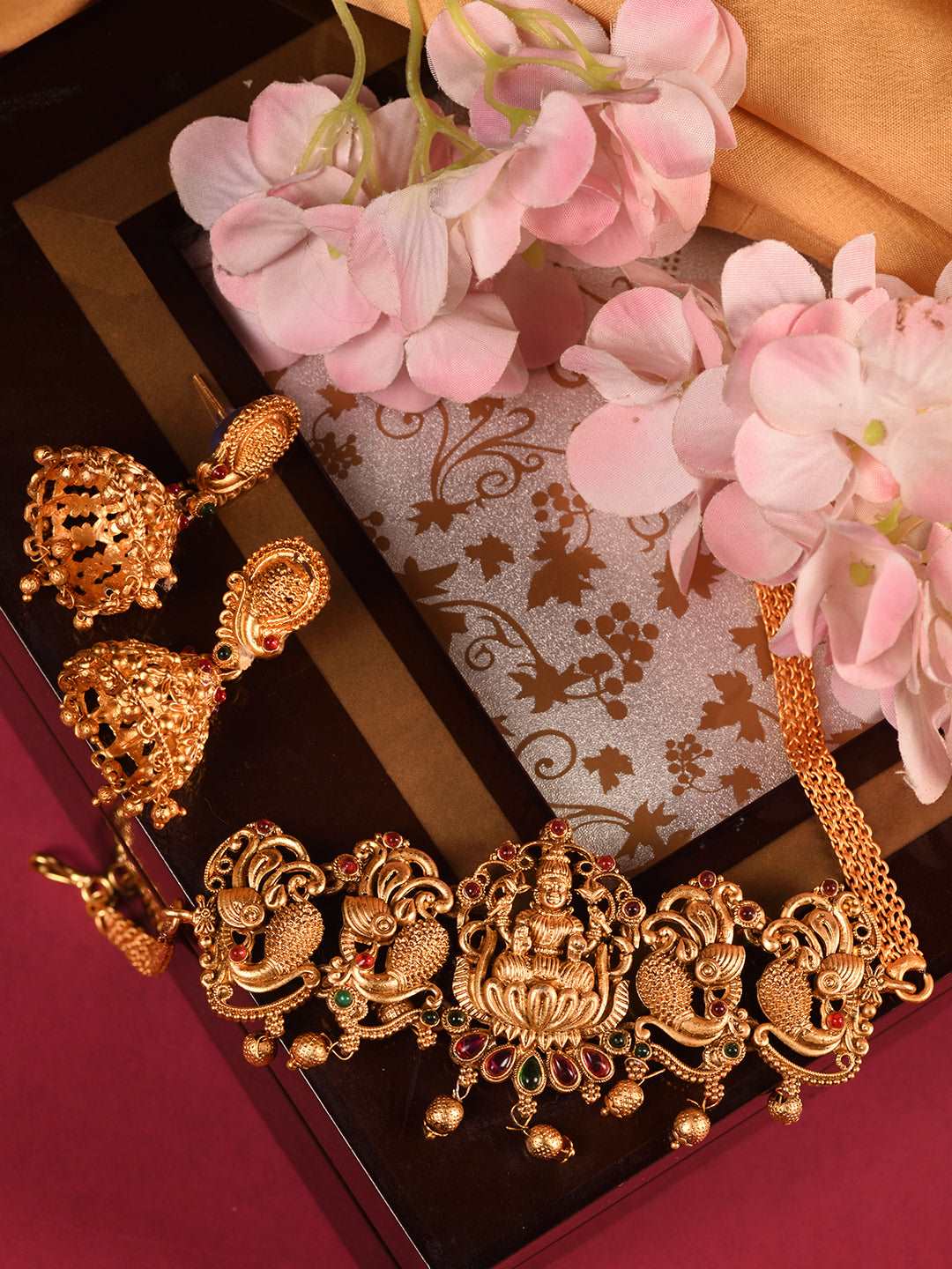 Gold Plated Multi stone studded Handcrafted Exquisite Temple Lakshmi ji & Peacock Design Jewellery Set, zaveri pearls, sale price rs, sale price, sale gold plated, sale gold, sale, rubans, ri