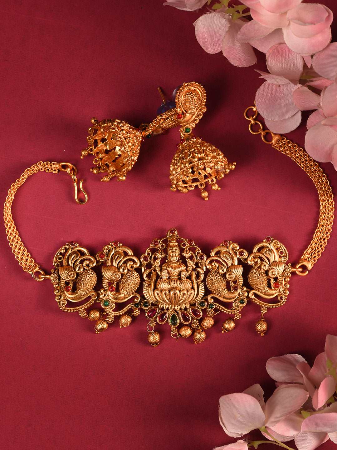 Gold Plated Multi stone studded Handcrafted Exquisite Temple Lakshmi ji & Peacock Design Jewellery Set, zaveri pearls, sale price rs, sale price, sale gold plated, sale gold, sale, rubans, ri