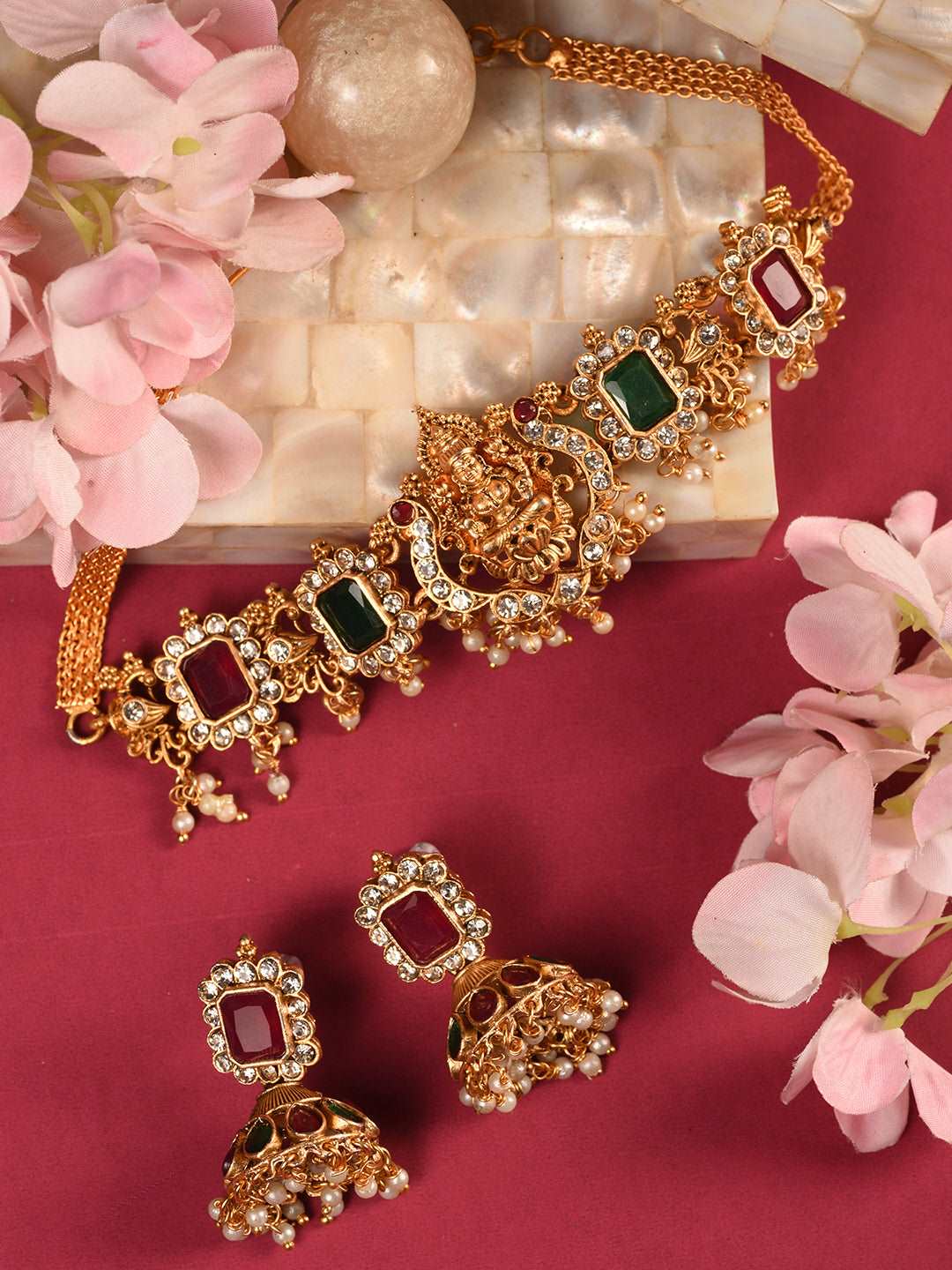 Gold Plated Green & Red stone studded Handcrafted Exquisite Design Lakshmi ji Temple Jewellery Set, zaveri pearls, sale price rs, sale price, sale gold plated, sale gold, sale, rubans, ring, 