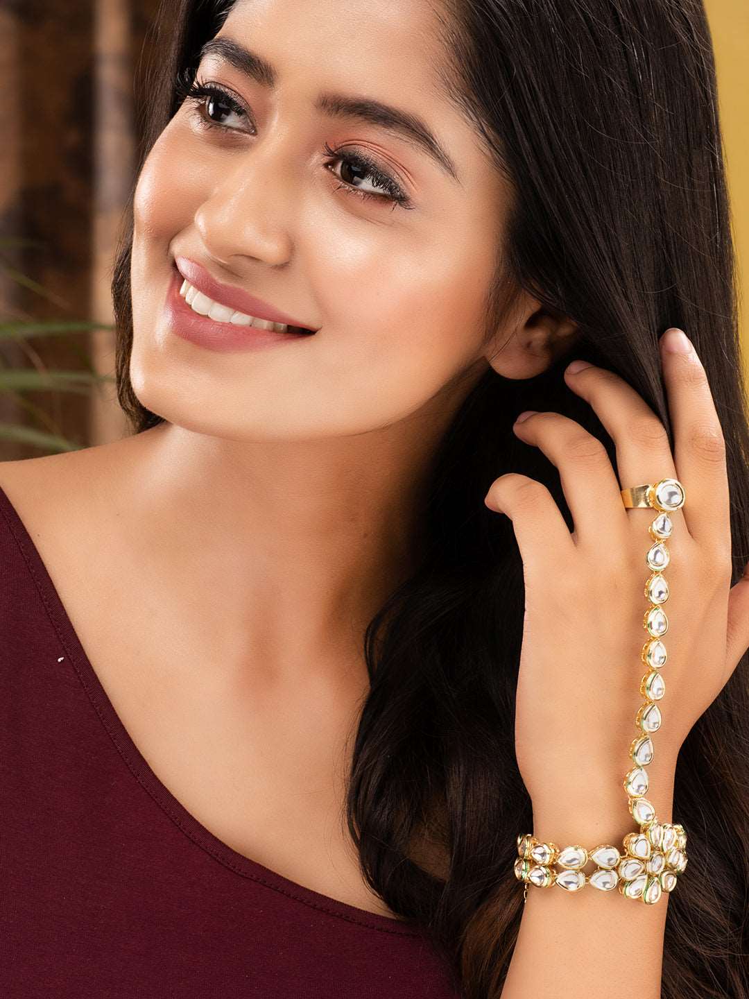 Gold Plated Kundan Studded Floral Ring Bracelet Hathphool, zaveri pearls, sale price rs, sale price, sale gold plated, sale gold, sale, rubans, ring, regular price, priyassi jewellery, kushal