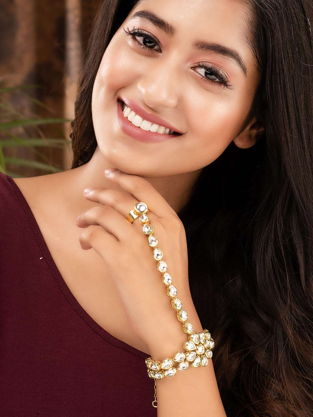 Gold Plated Kundan Studded Floral Ring Bracelet Hathphool, zaveri pearls, sale price rs, sale price, sale gold plated, sale gold, sale, rubans, ring, regular price, priyassi jewellery, kushal