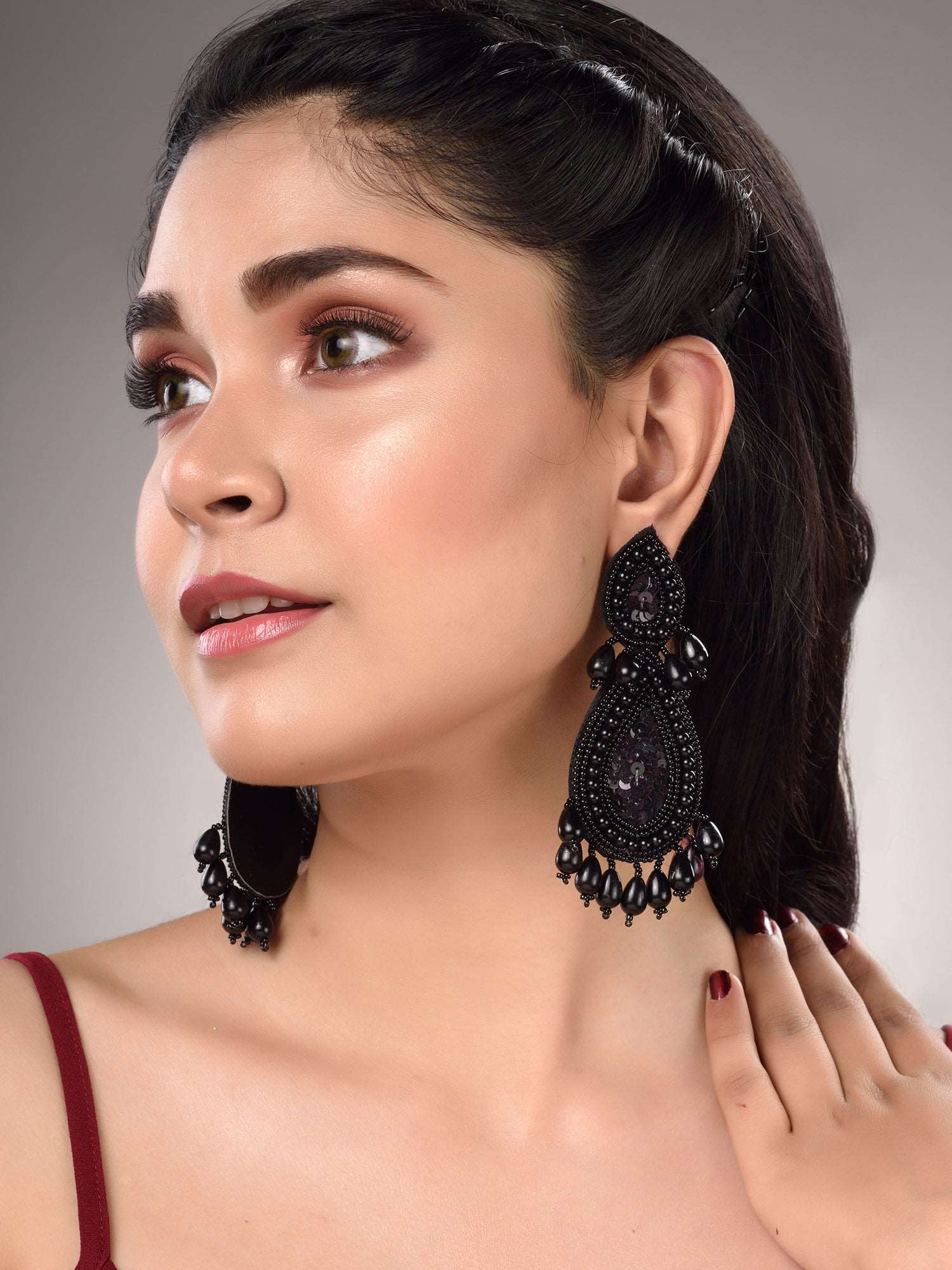 Black Contemporary Dropdown Earrings, zaveri pearls, sale price rs, sale price, sale gold plated, sale gold, sale, rubans, ring, regular price, priyassi jewellery, kushal's - Saraf RS Jewelle