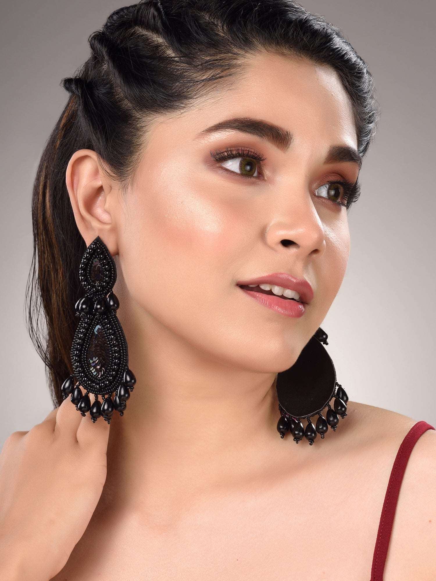 Black Contemporary Dropdown Earrings, zaveri pearls, sale price rs, sale price, sale gold plated, sale gold, sale, rubans, ring, regular price, priyassi jewellery, kushal's - Saraf RS Jewelle