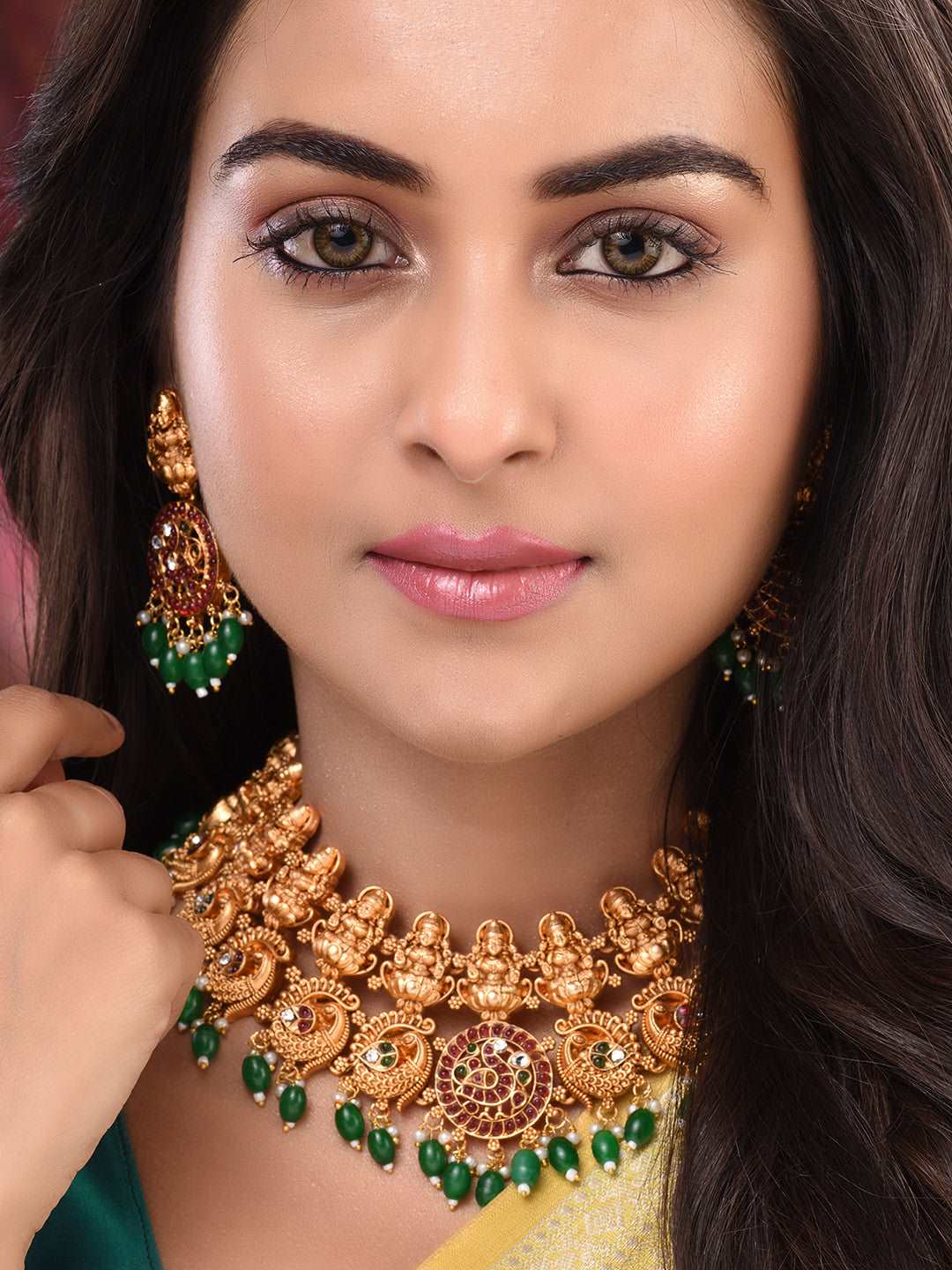Gold Plated Kemp stone Studded Peacock Motif Temple Bridal Choker Jewellery Set, zaveri pearls, sale price rs, sale price, sale gold plated, sale gold, sale, rubans, ring, regular price, priy