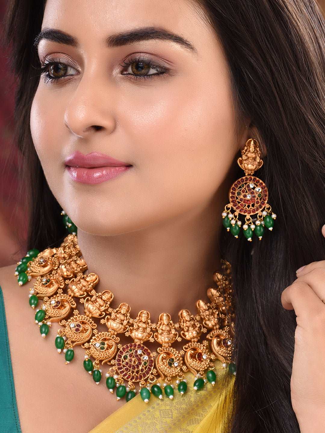 Gold Plated Kemp stone Studded Peacock Motif Temple Bridal Choker Jewellery Set, zaveri pearls, sale price rs, sale price, sale gold plated, sale gold, sale, rubans, ring, regular price, priy