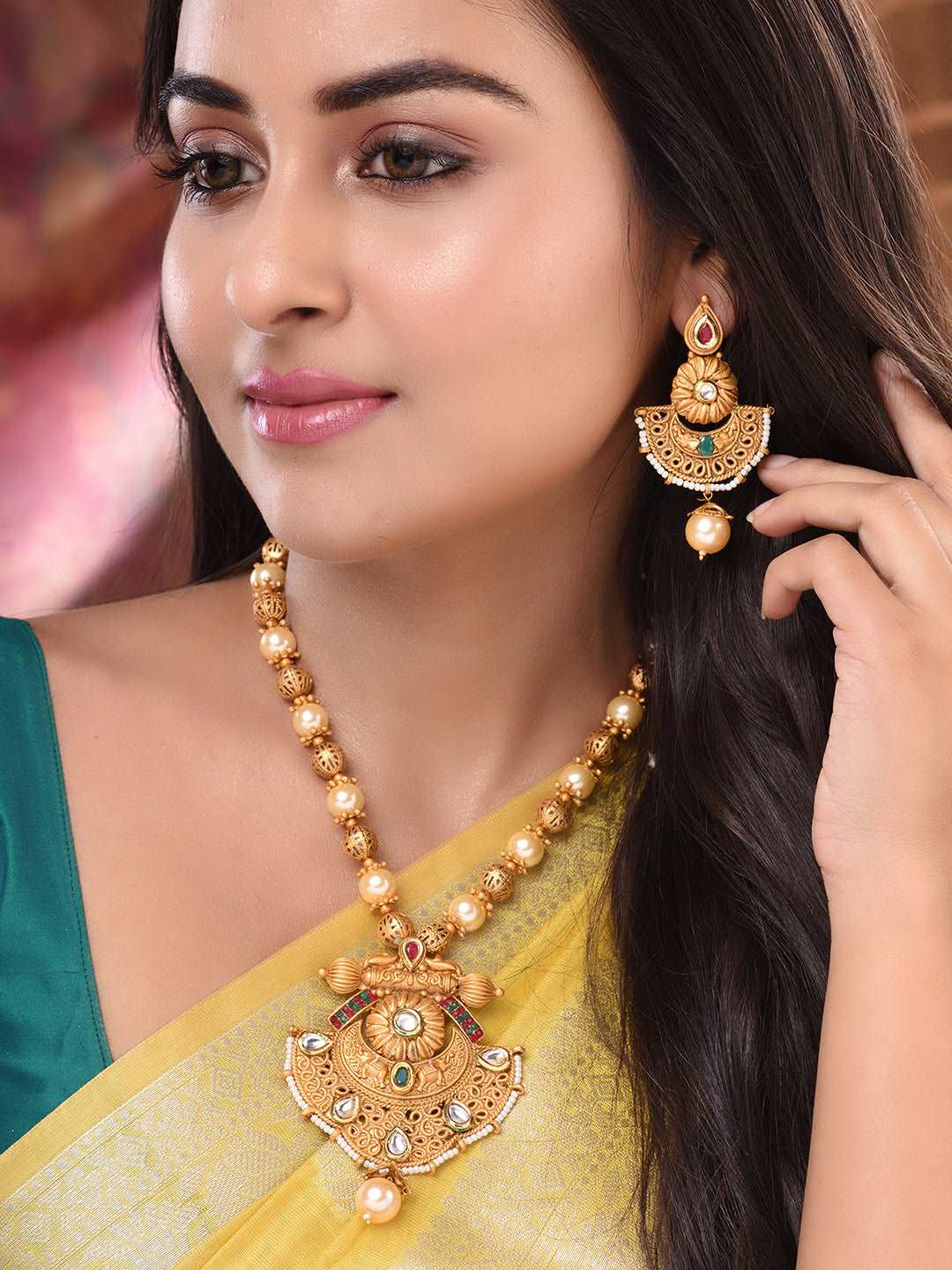 Antique Gold Plated Kundan studded Rajwadi Temple Pendant Jewellery Set, zaveri pearls, sale price rs, sale price, sale gold plated, sale gold, sale, rubans, ring, regular price, priyassi jew