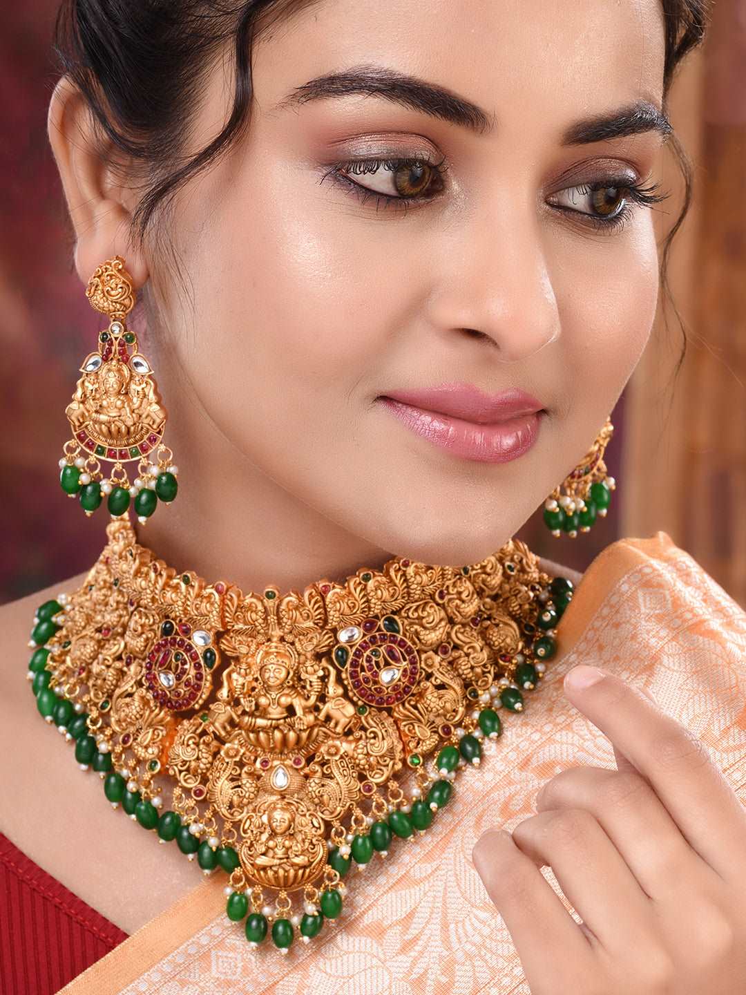 Gold Plated kemp stone studded Lakshmi Design Dangling Green Beads Temple Choker Jewellery Set, zaveri pearls, sale price rs, sale price, sale gold plated, sale gold, sale, rubans, ring, regu