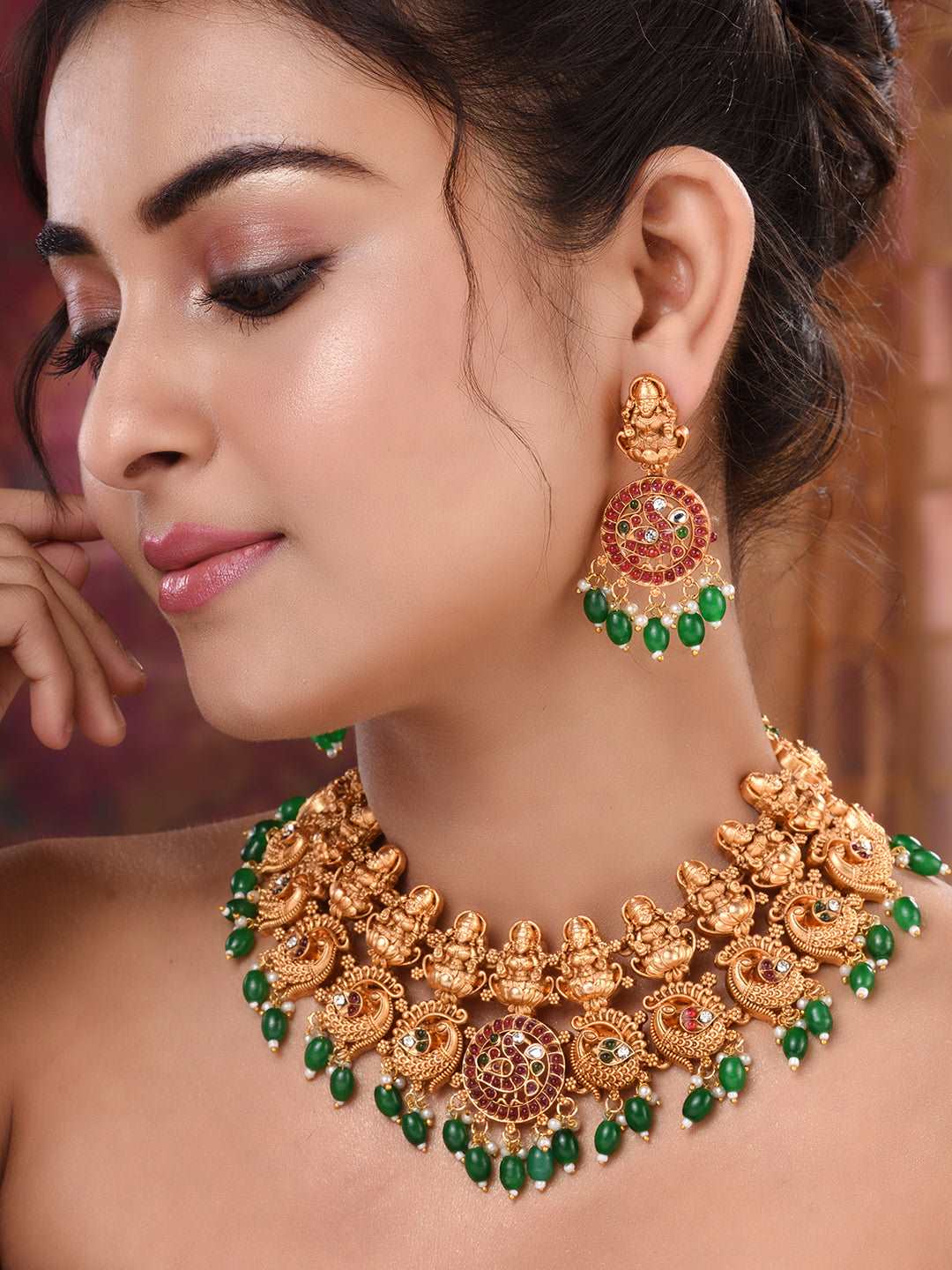 Gold Plated Kemp stone Studded Peacock Motif Temple Bridal Choker Jewellery Set, zaveri pearls, sale price rs, sale price, sale gold plated, sale gold, sale, rubans, ring, regular price, priy