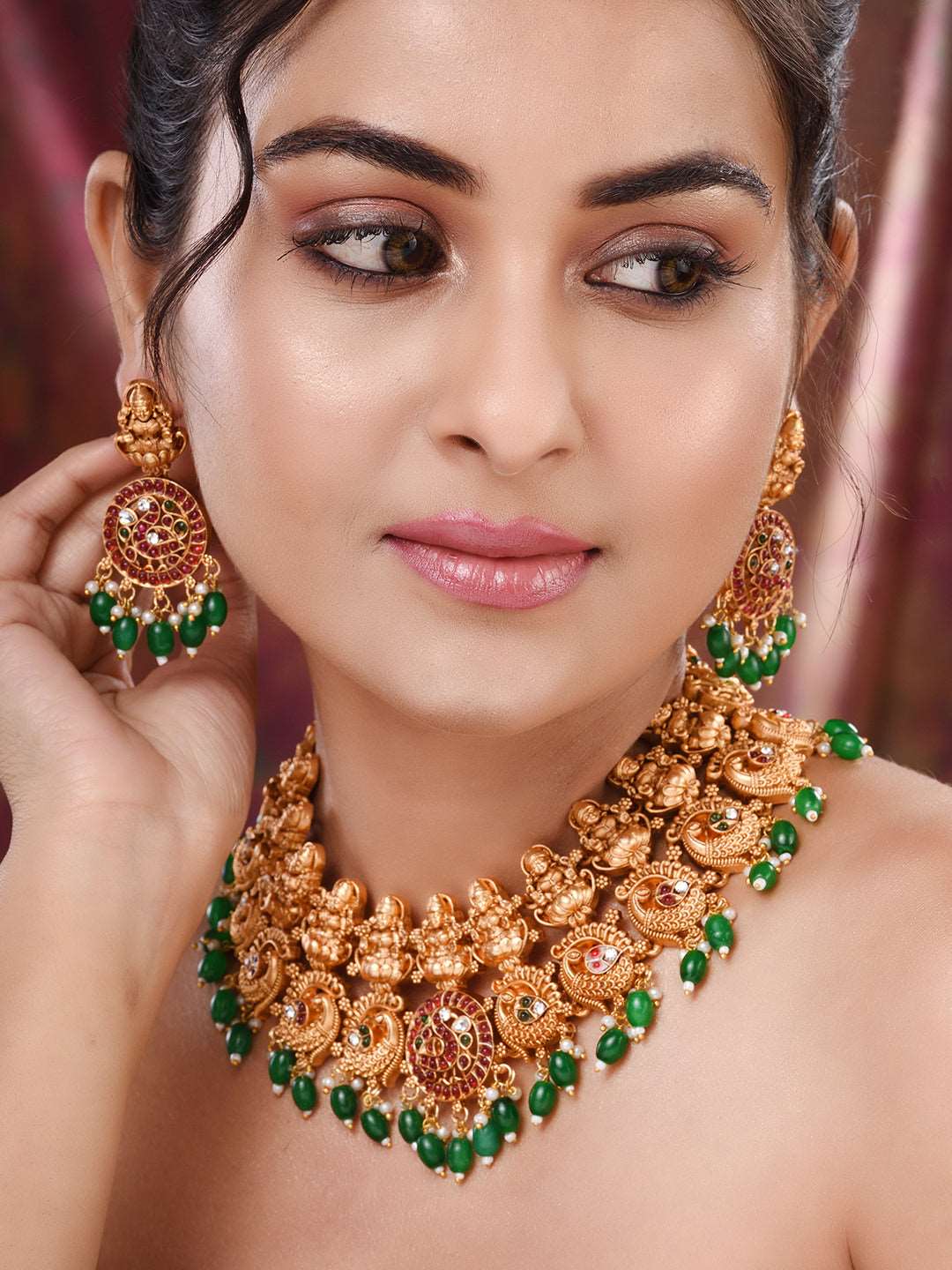 Gold Plated Kemp stone Studded Peacock Motif Temple Bridal Choker Jewellery Set, zaveri pearls, sale price rs, sale price, sale gold plated, sale gold, sale, rubans, ring, regular price, priy