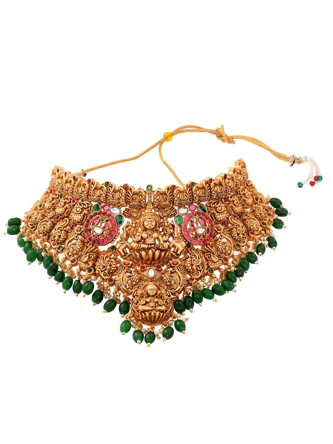Gold Plated kemp stone studded Lakshmi Design Dangling Green Beads Temple Choker Jewellery Set, zaveri pearls, sale price rs, sale price, sale gold plated, sale gold, sale, rubans, ring, regu