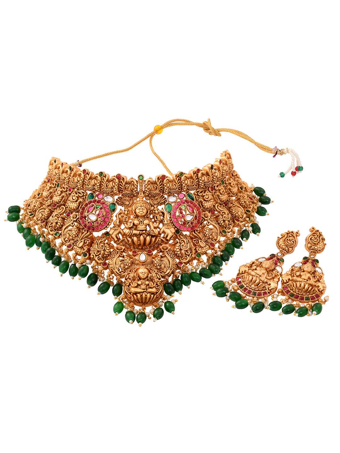 Gold Plated kemp stone studded Lakshmi Design Dangling Green Beads Temple Choker Jewellery Set, zaveri pearls, sale price rs, sale price, sale gold plated, sale gold, sale, rubans, ring, regu