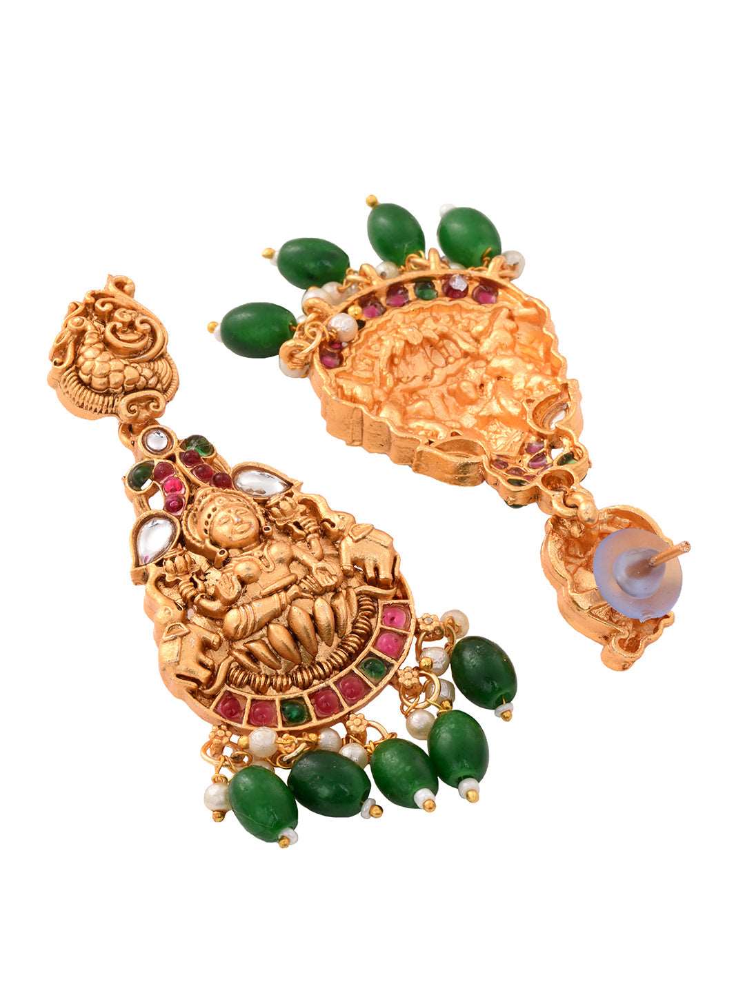 Gold Plated kemp stone studded Lakshmi Design Dangling Green Beads Temple Choker Jewellery Set, zaveri pearls, sale price rs, sale price, sale gold plated, sale gold, sale, rubans, ring, regu